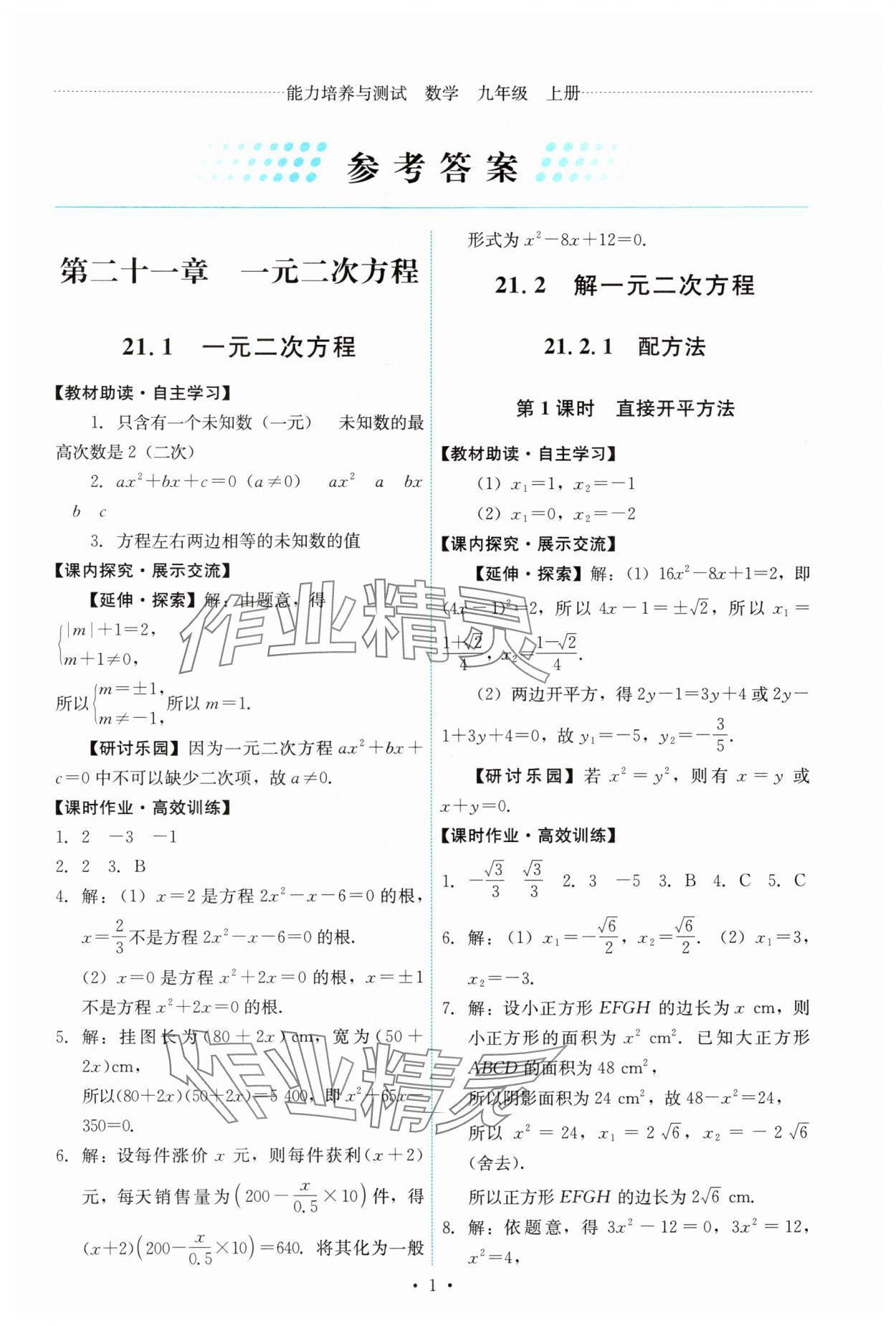 2024年能力培养与测试九年级数学上册人教版 第1页