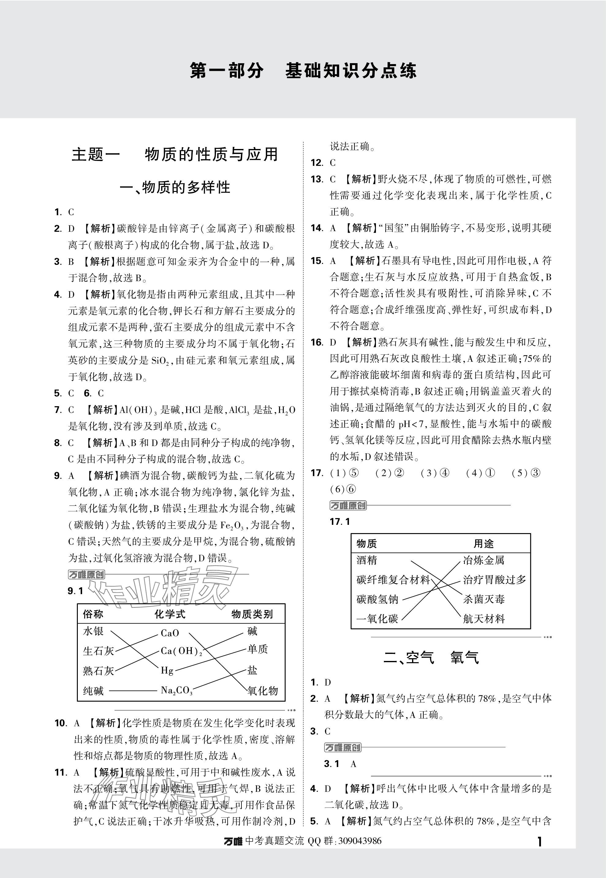 2024年万唯中考真题分类化学 参考答案第1页