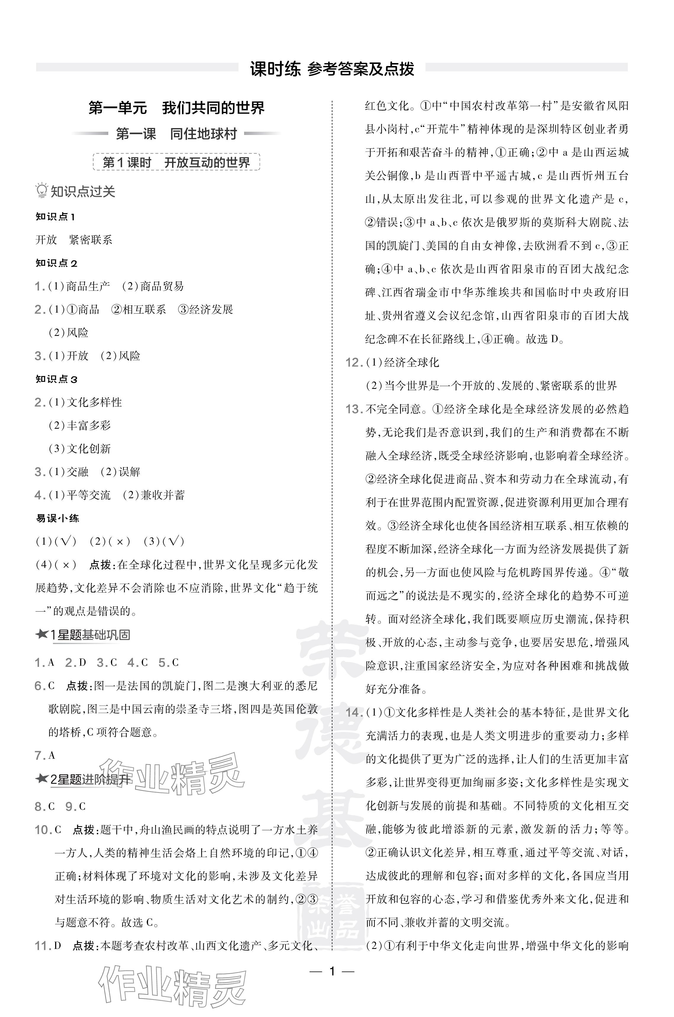 2024年點撥訓(xùn)練九年級道德與法治下冊人教版山西專版 參考答案第1頁