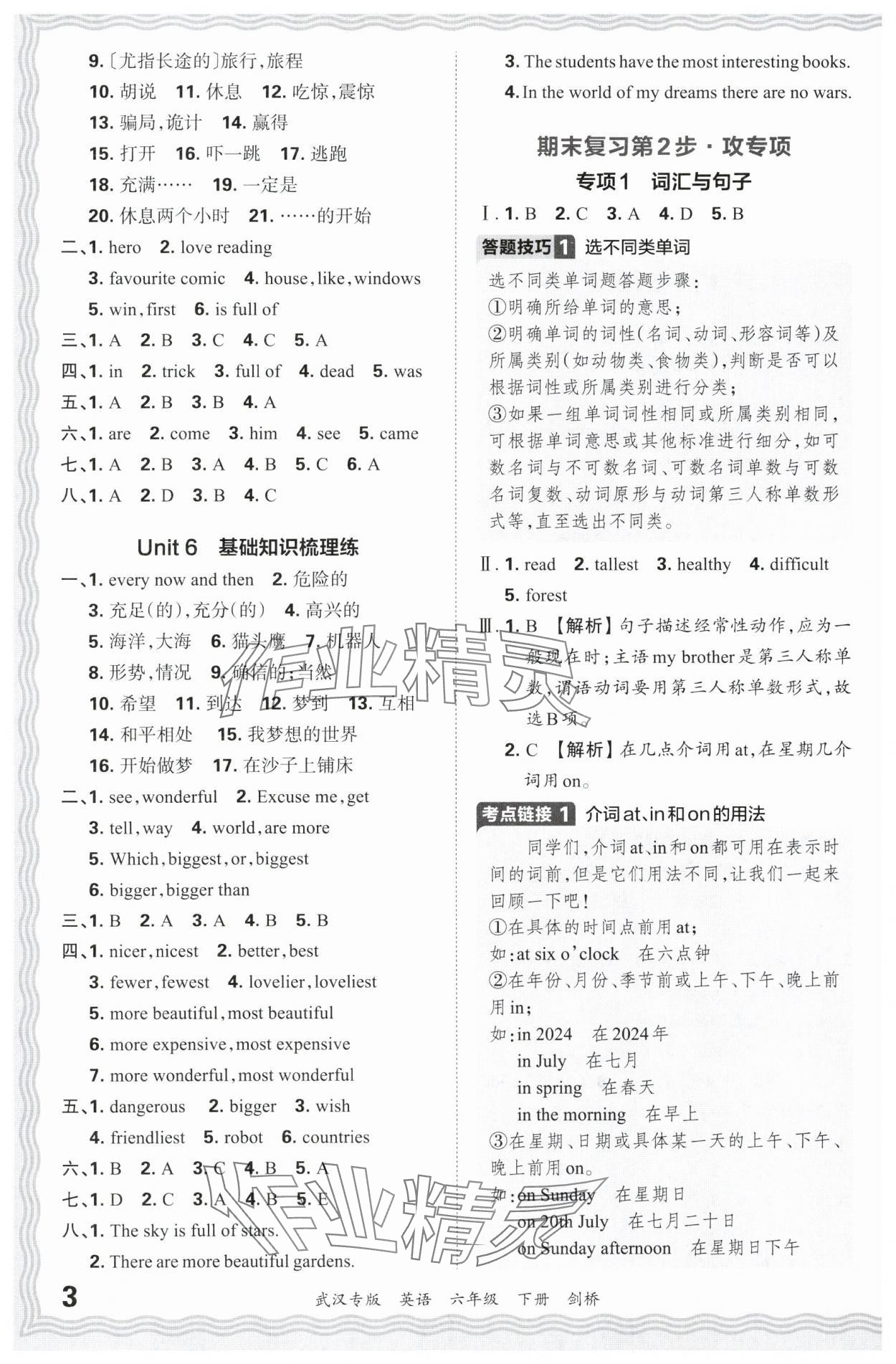 2024年王朝霞期末真題精編六年級(jí)英語下冊(cè)Join in武漢專版 參考答案第3頁