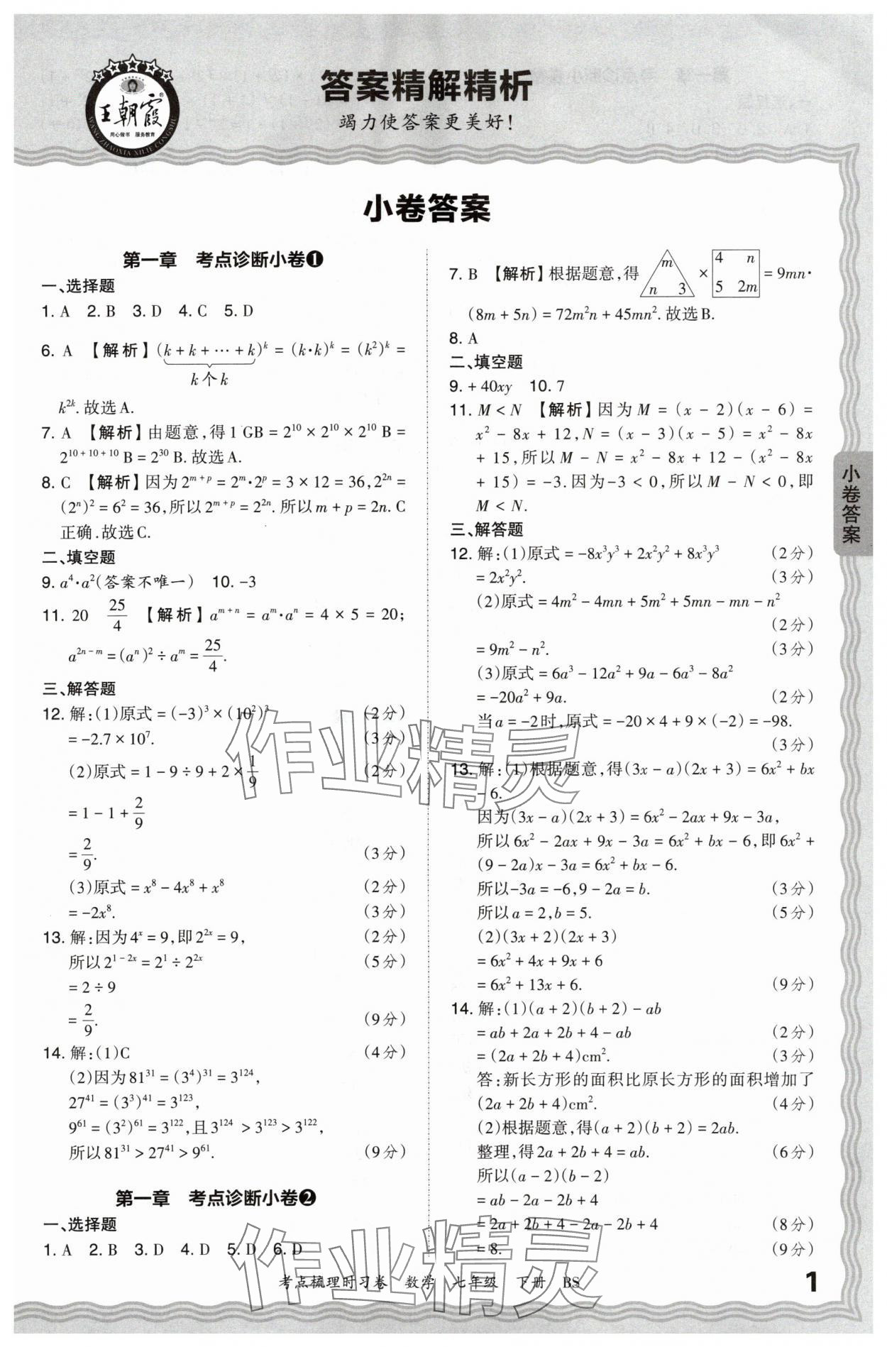 2024年王朝霞考点梳理时习卷七年级数学下册北师大版 第1页