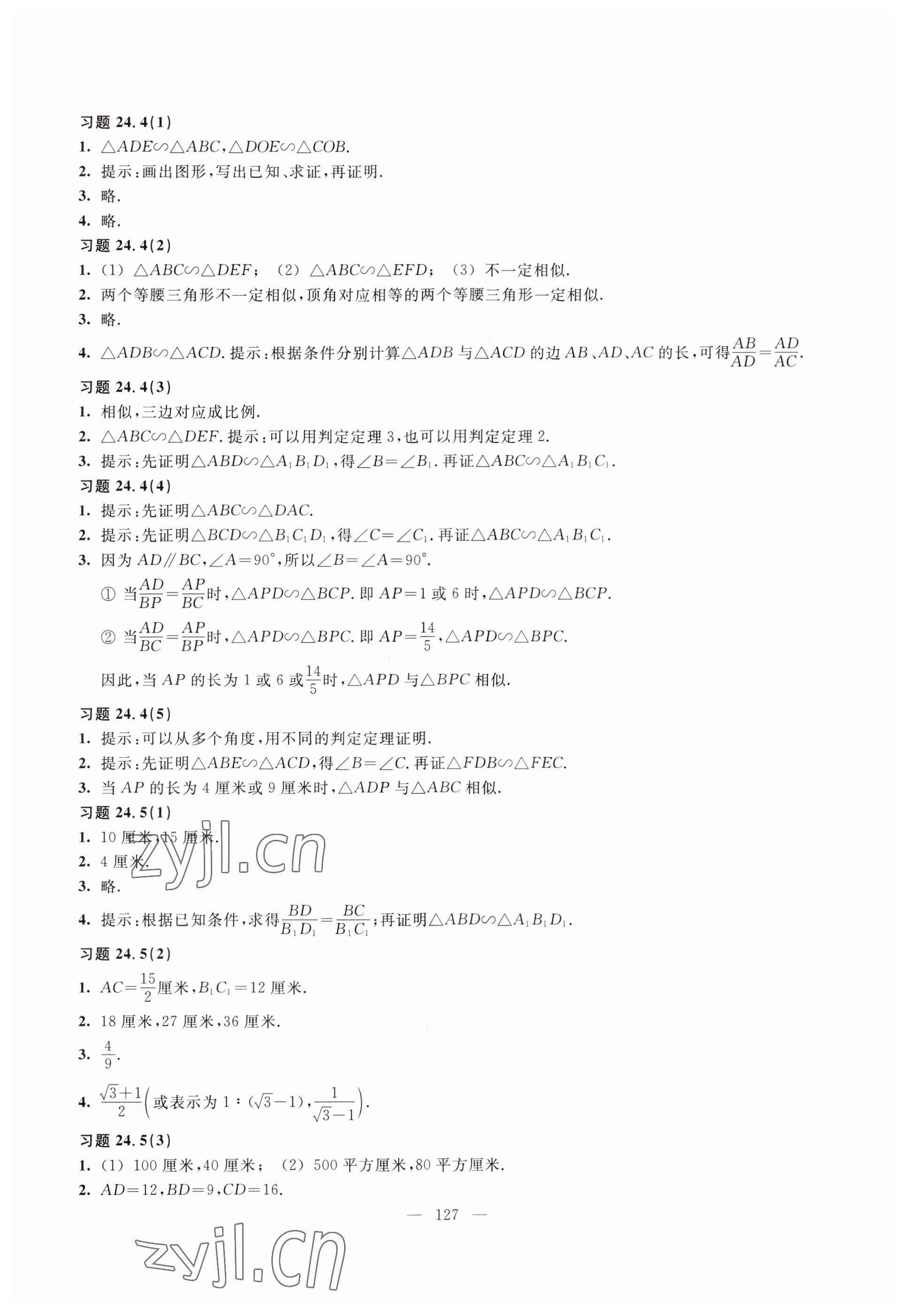 2023年练习部分九年级数学上册沪教版54制 参考答案第2页