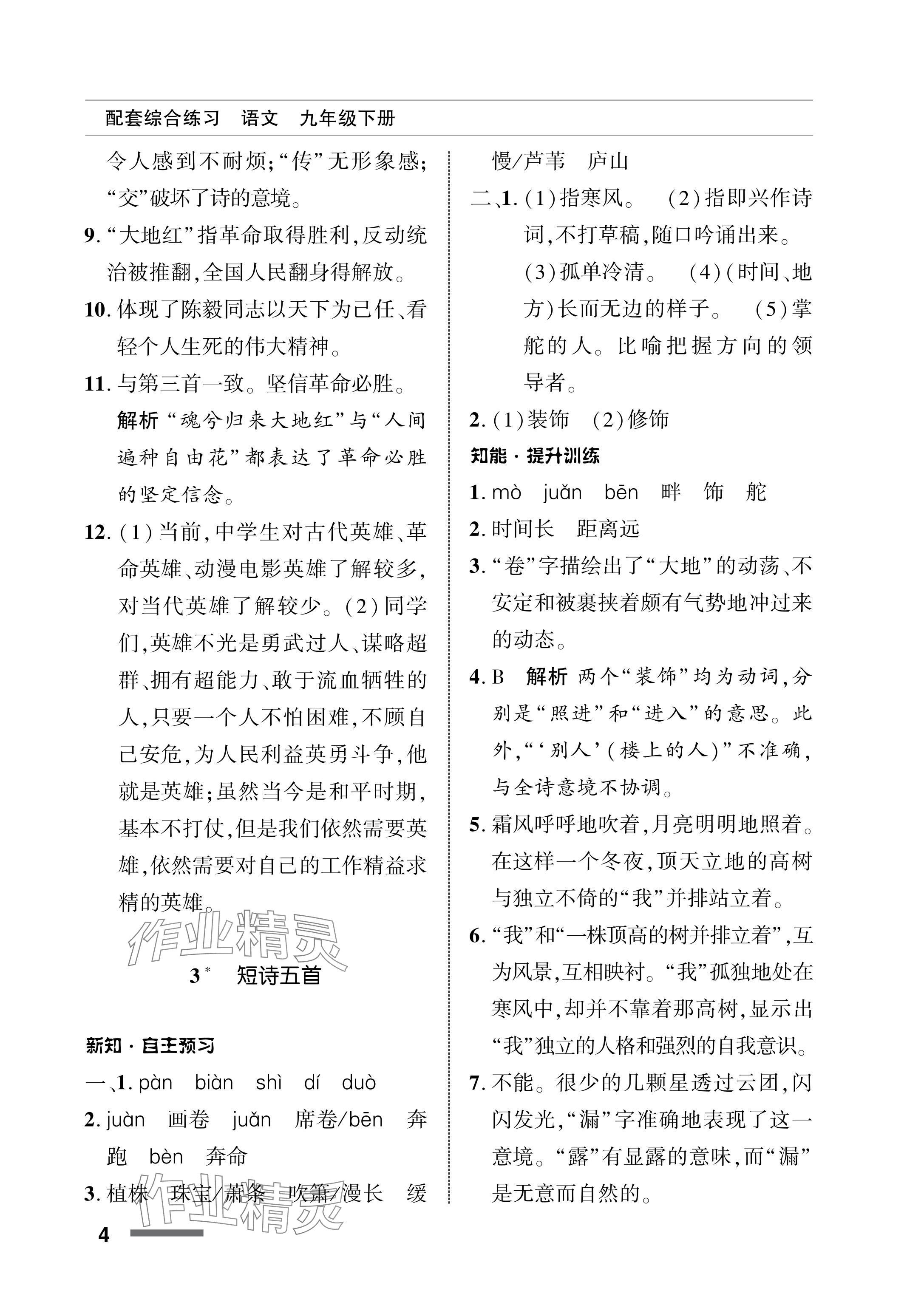 2024年配套綜合練習甘肅九年級語文下冊人教版 參考答案第4頁