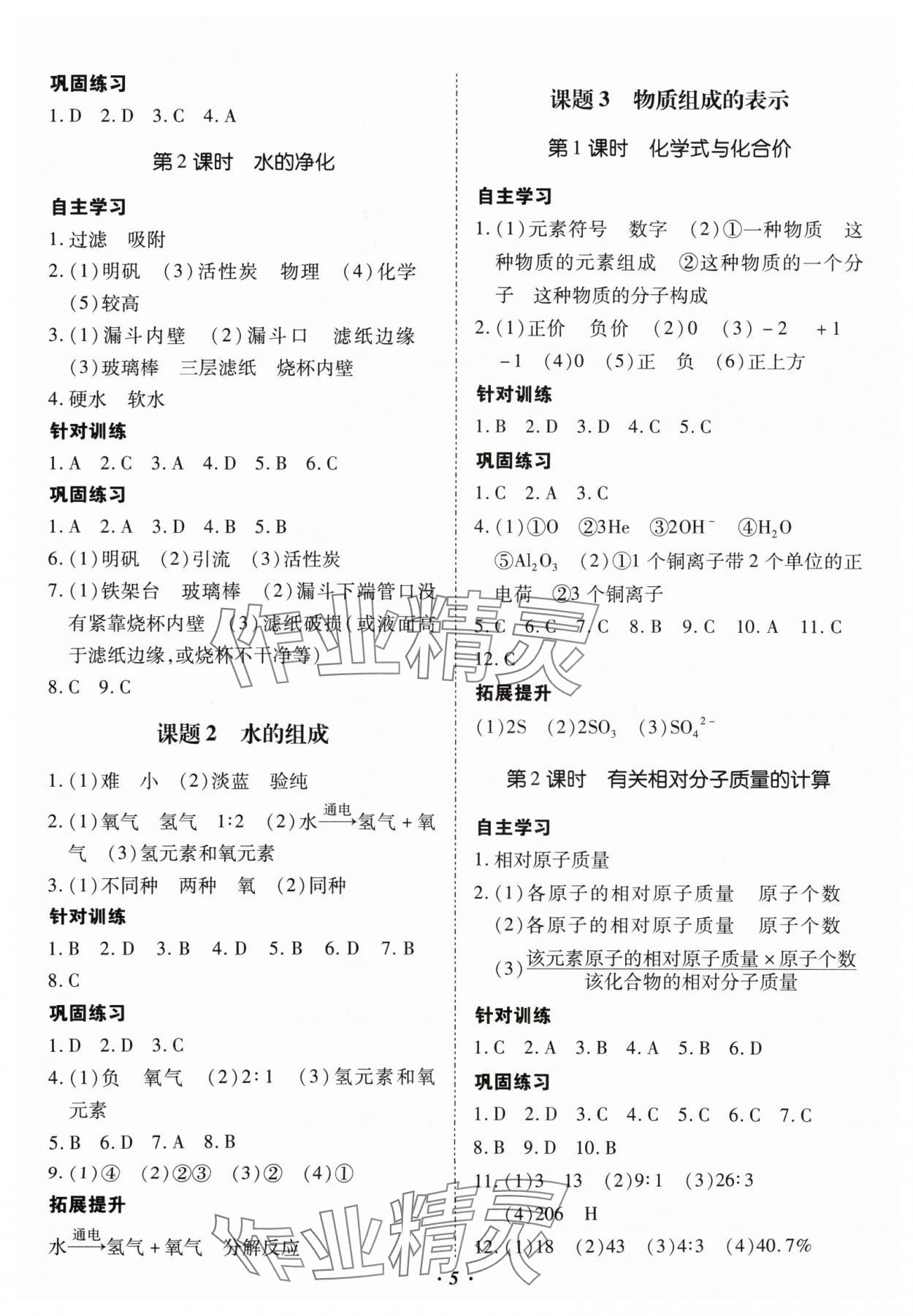 2024年本土攻略九年級化學(xué)全一冊人教版 參考答案第5頁