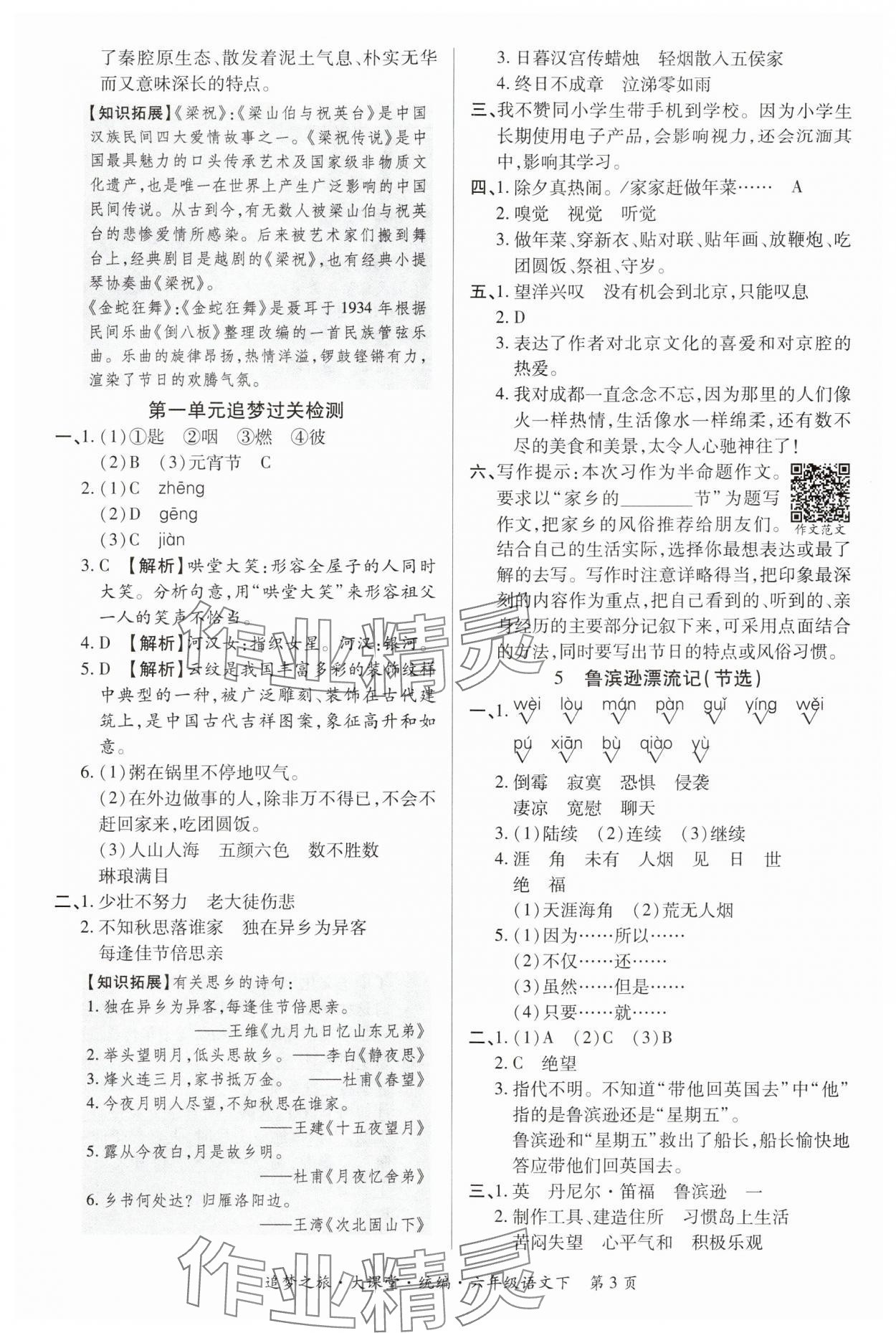 2024年追梦之旅大课堂六年级语文下册人教版河南专版 参考答案第3页