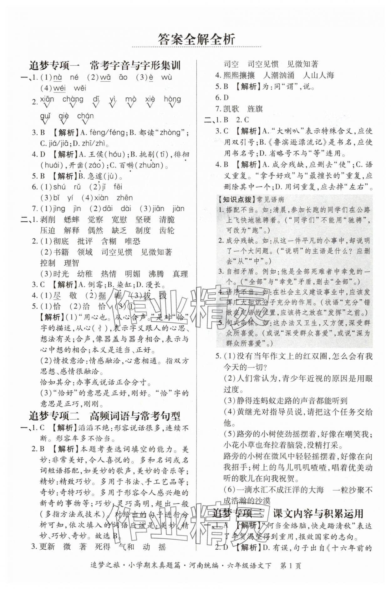 2024年追夢之旅小學(xué)期末真題篇六年級語文下冊人教版河南專版 參考答案第1頁