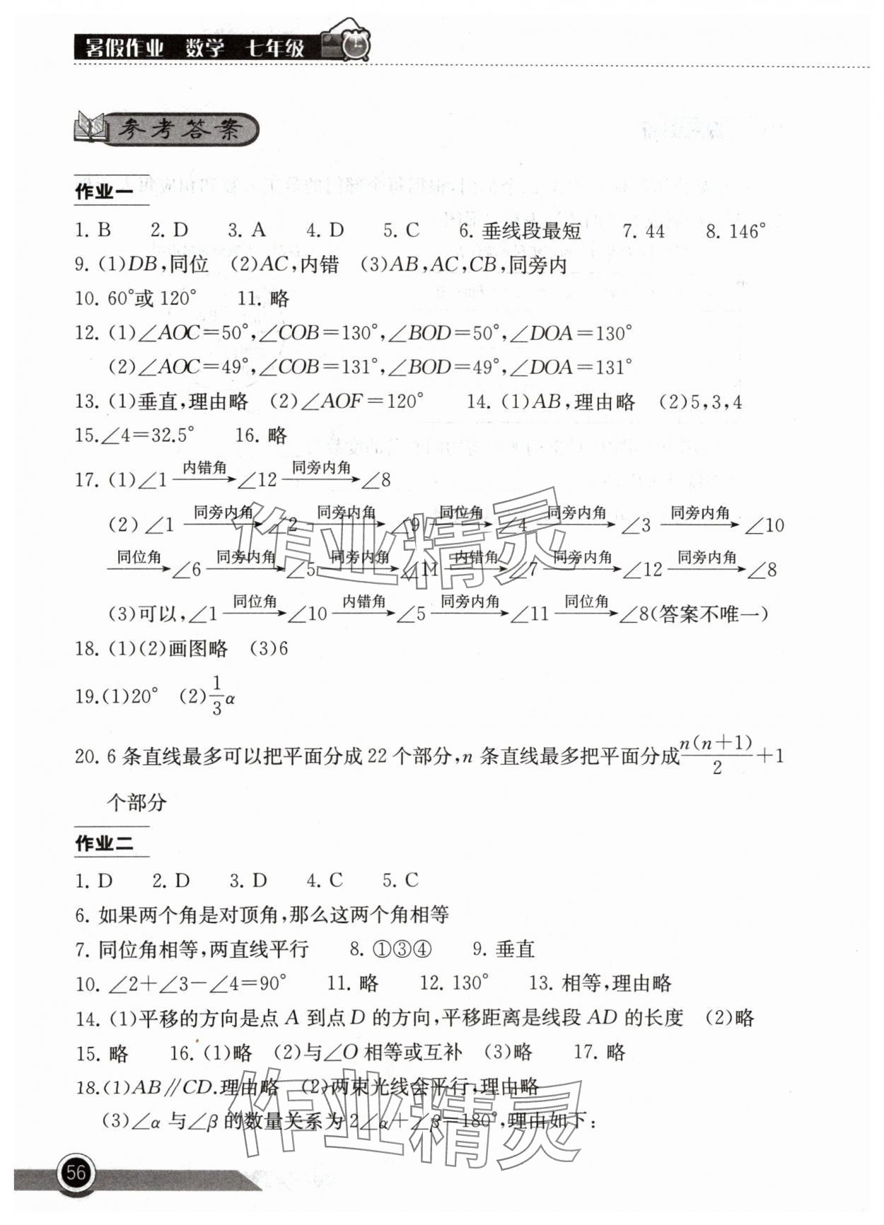 2024年長江作業(yè)本暑假作業(yè)湖北教育出版社七年級數(shù)學(xué)人教版 參考答案第1頁