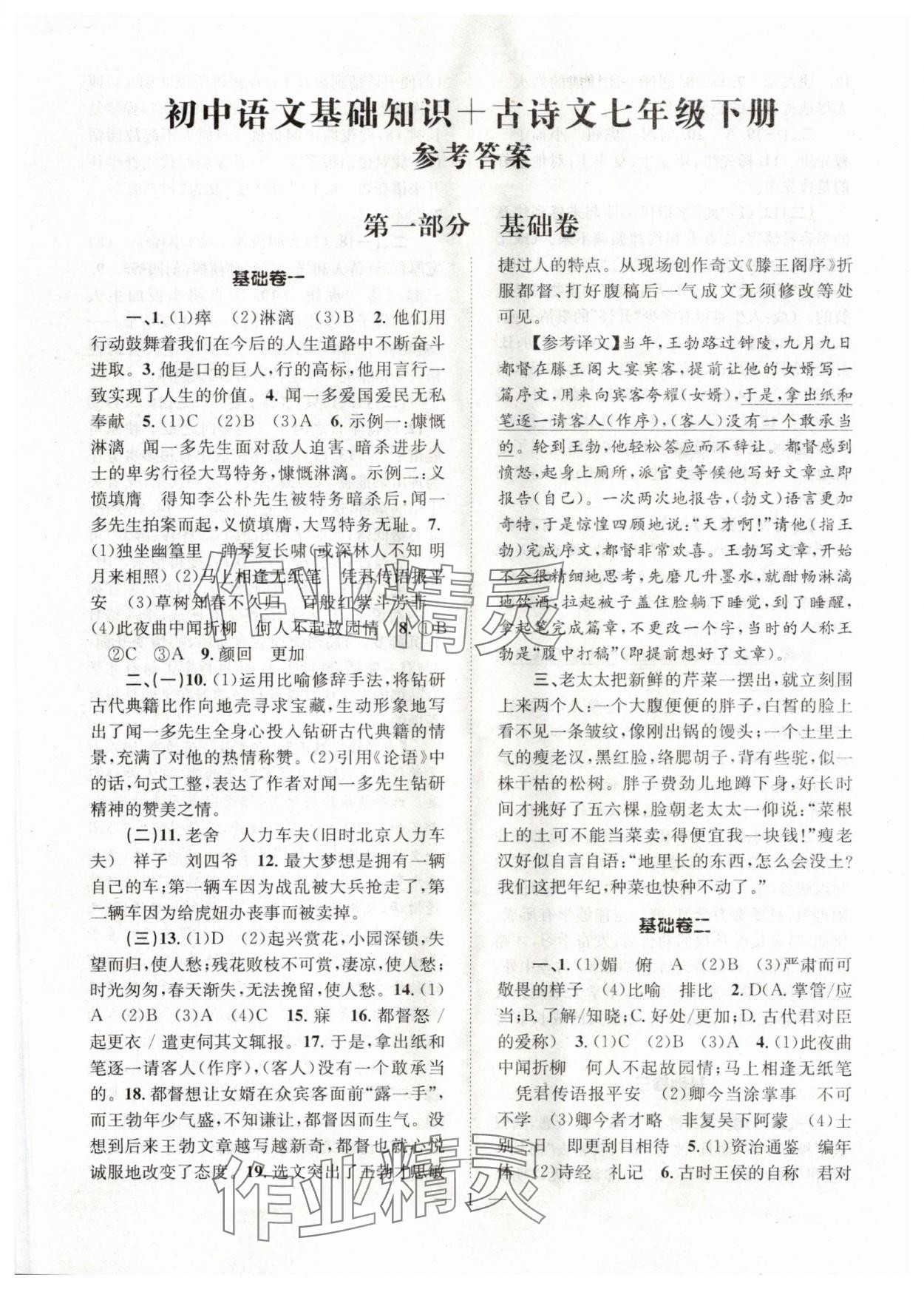 2024年初中語文基礎(chǔ)知識加古詩文天津科學(xué)技術(shù)出版社七年級下冊人教版 參考答案第1頁