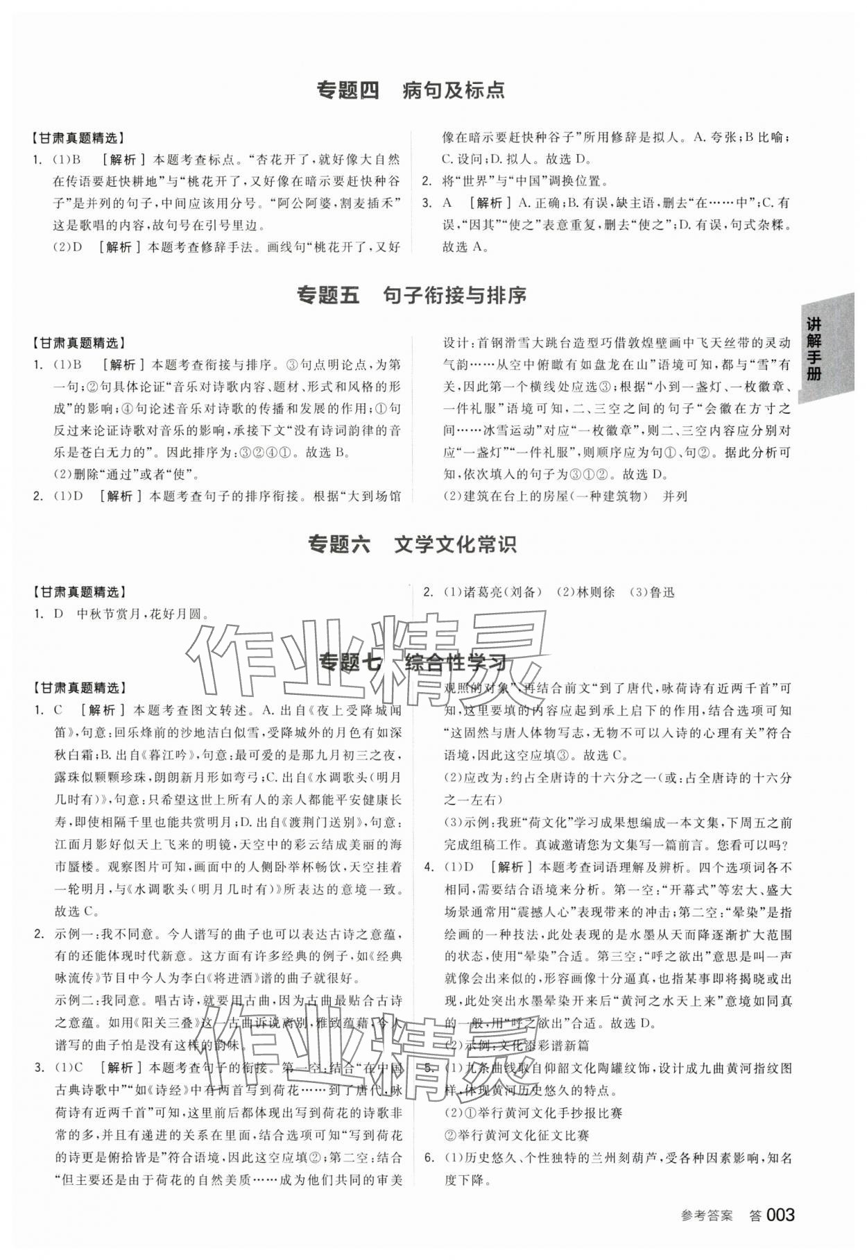 2024年全品中考复习方案语文甘肃专版 参考答案第2页