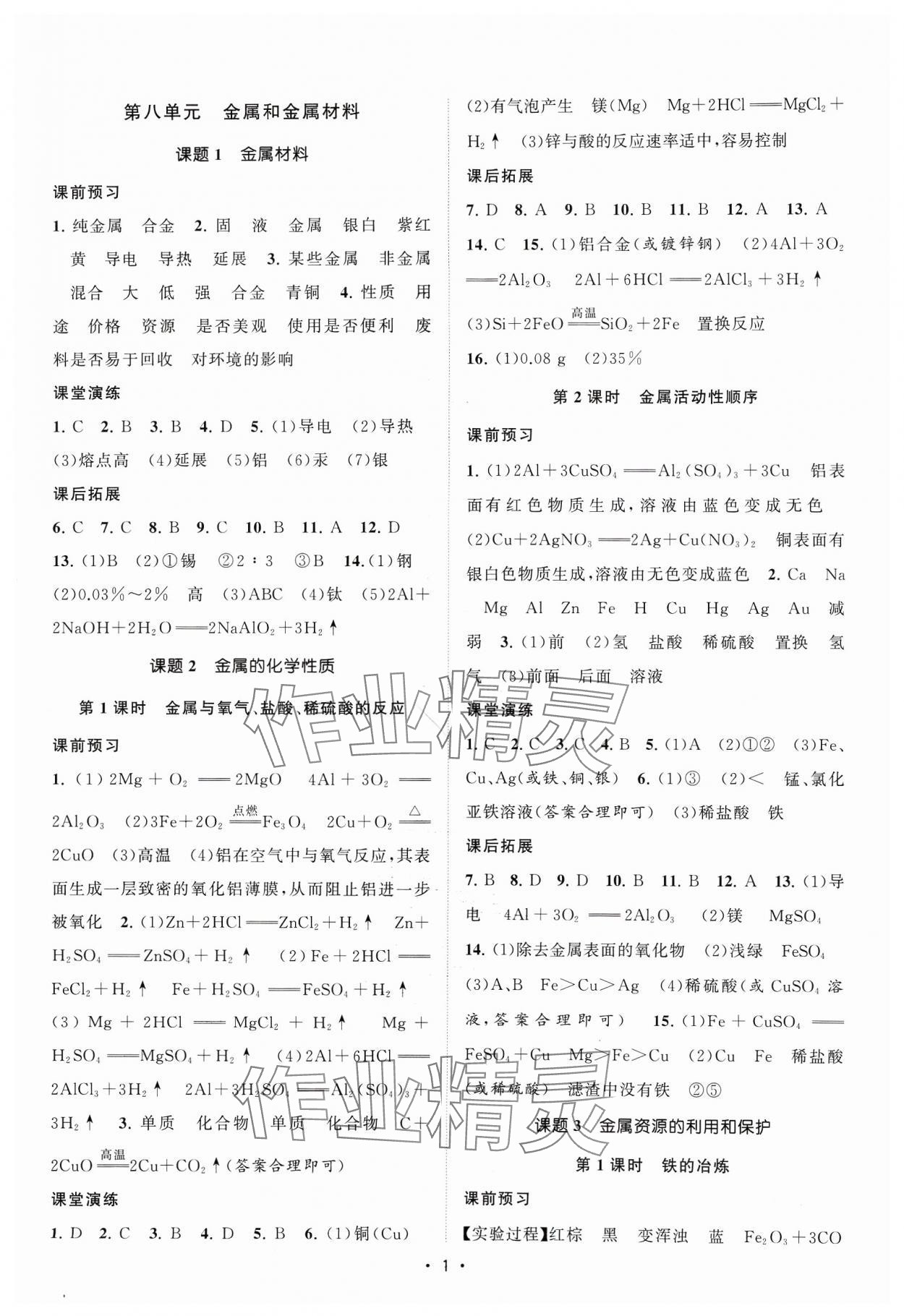 2024年課時(shí)提優(yōu)計(jì)劃作業(yè)本九年級(jí)化學(xué)下冊(cè)人教版 參考答案第1頁(yè)