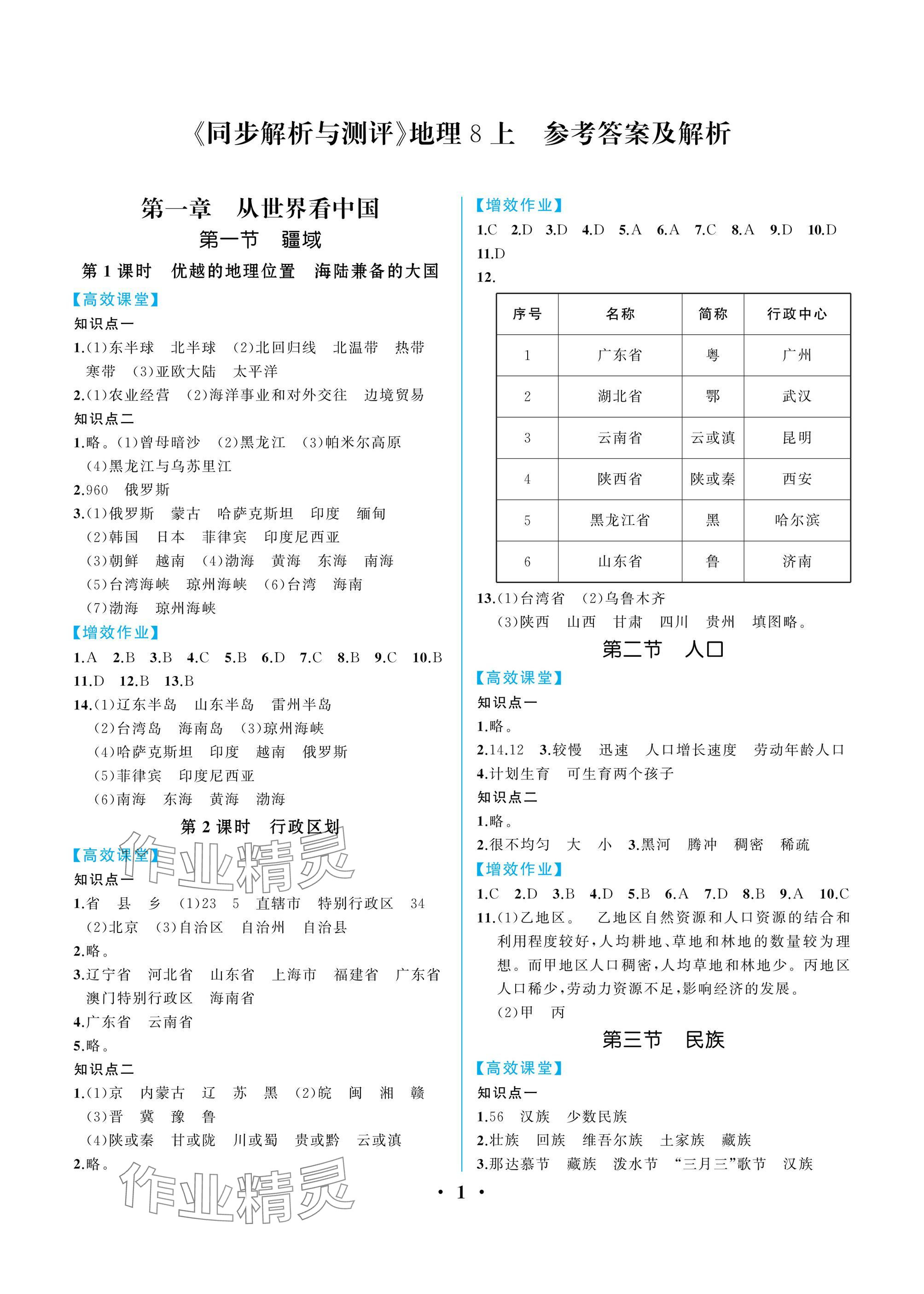 2024年人教金学典同步解析与测评八年级地理上册人教版重庆专版 参考答案第1页