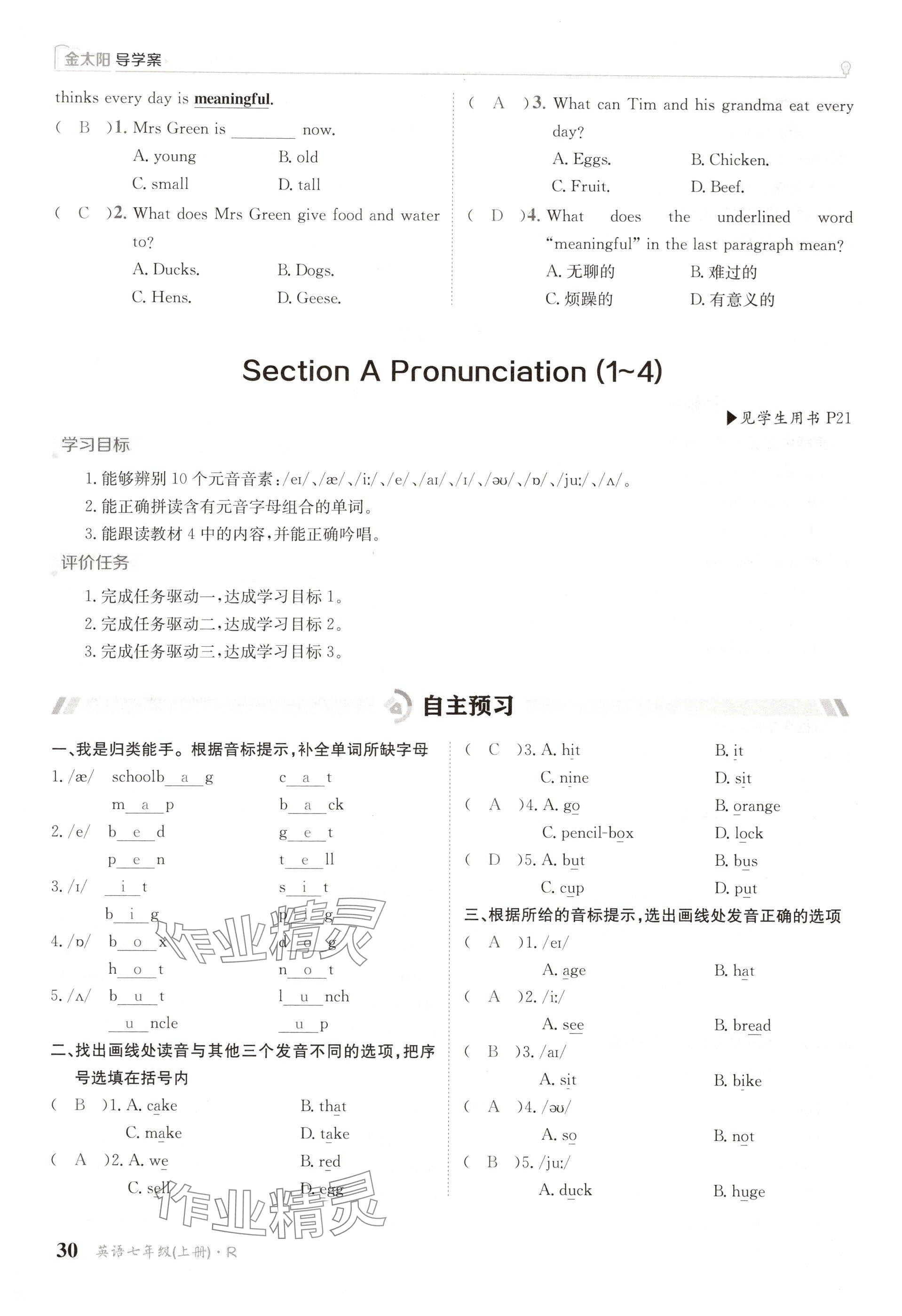 2024年金太陽導(dǎo)學(xué)案七年級英語上冊人教版 參考答案第30頁