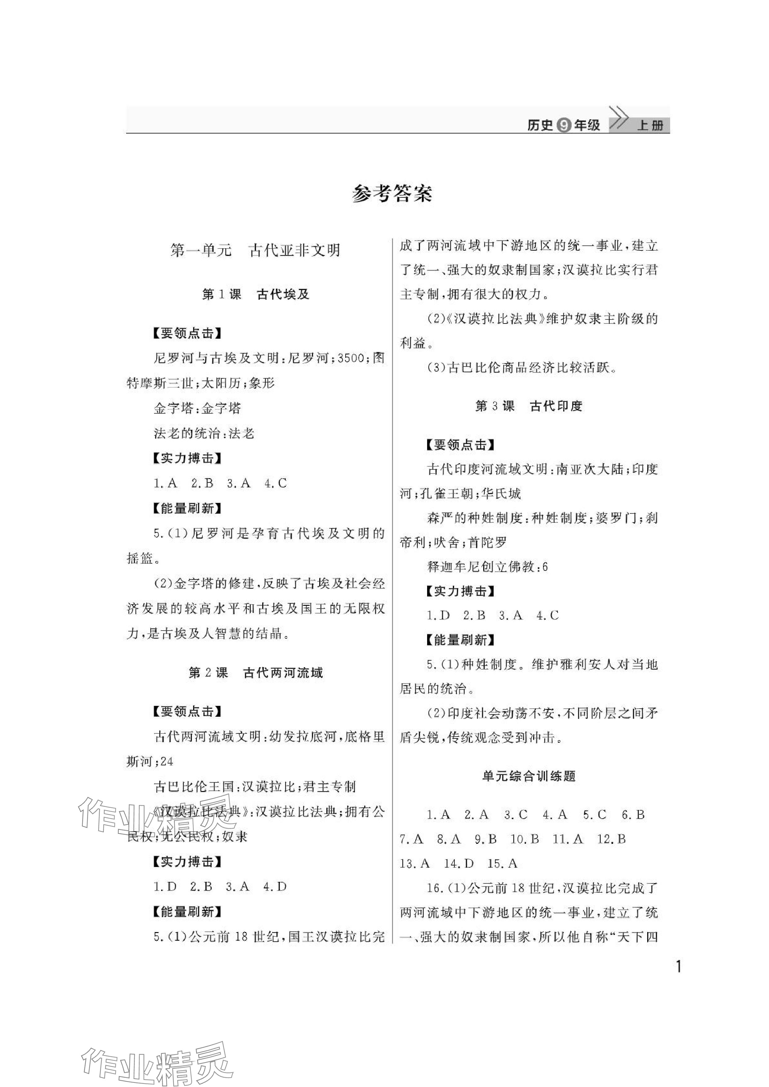 2024年课堂作业武汉出版社九年级历史上册人教版 参考答案第1页