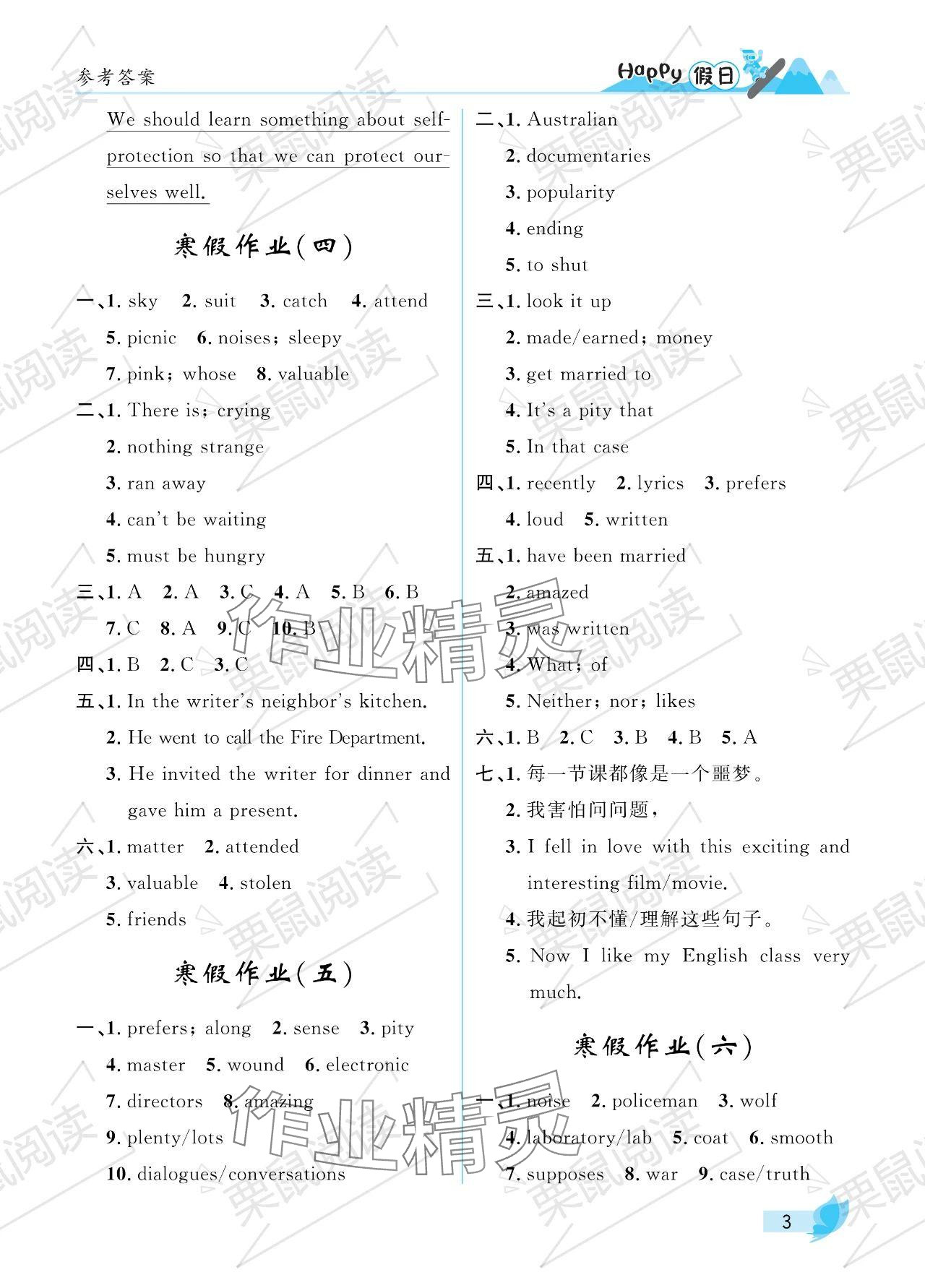 2024年寒假Happy假日九年級英語魯教版五四制 參考答案第3頁