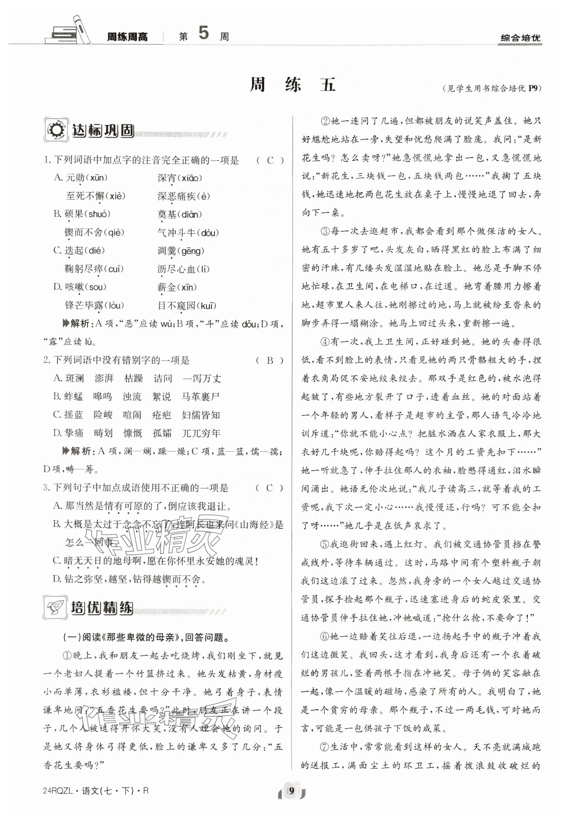 2024年日清周练七年级语文下册人教版 参考答案第9页