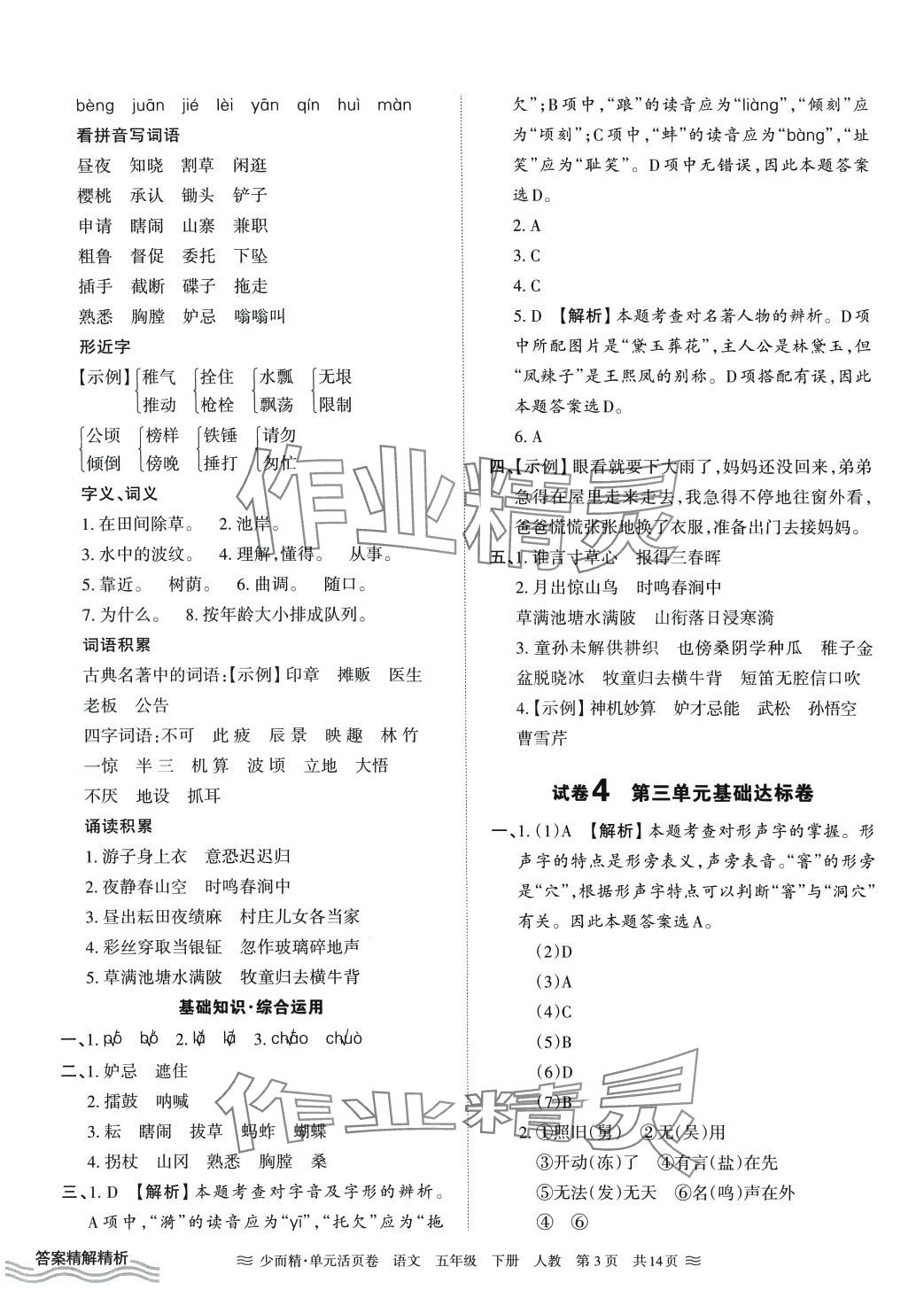 2024年王朝霞单元活页卷五年级语文下册人教版 第3页