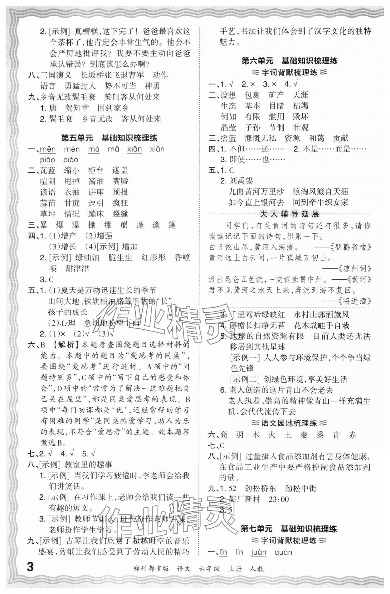 2023年王朝霞期末真题精编六年级语文上册人教版郑州专版 参考答案第3页