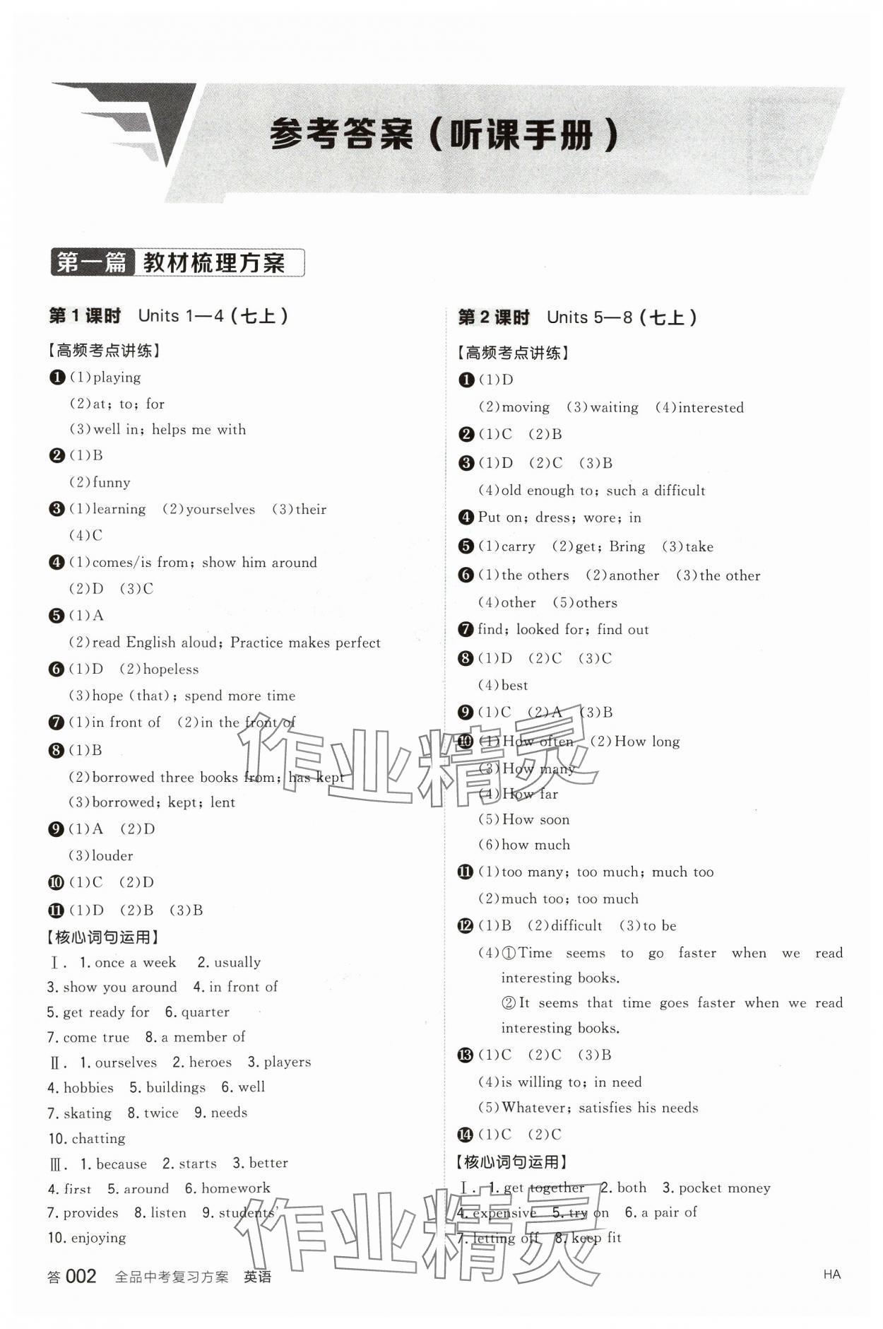 2024年全品中考復習方案英語聽課手冊淮安專版 參考答案第1頁