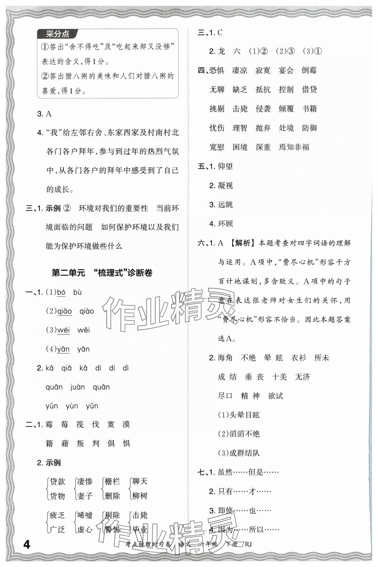 2024年王朝霞考点梳理时习卷六年级语文下册人教版 第4页
