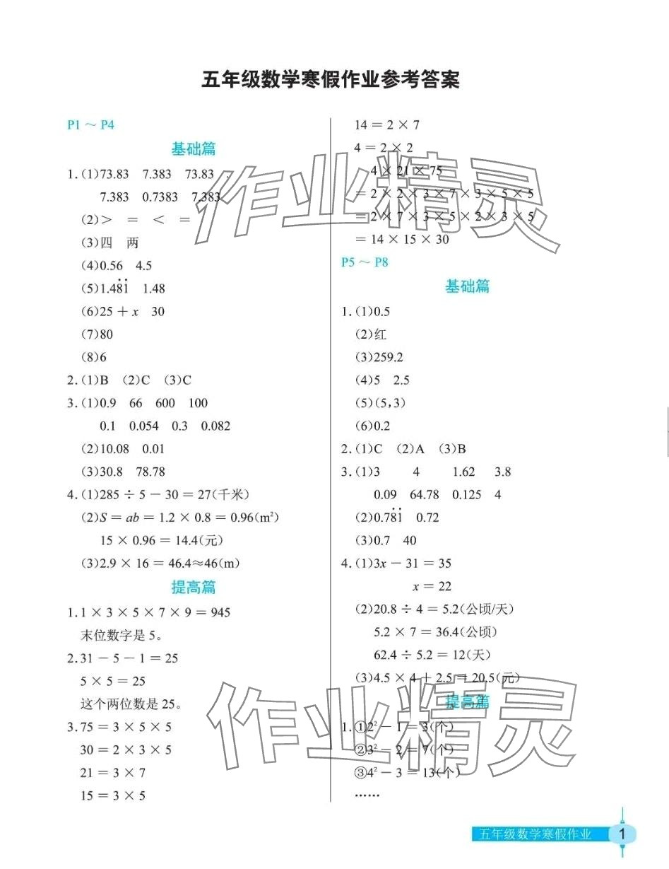 2024年寒假作業(yè)長(zhǎng)江少年兒童出版社五年級(jí)數(shù)學(xué) 第1頁