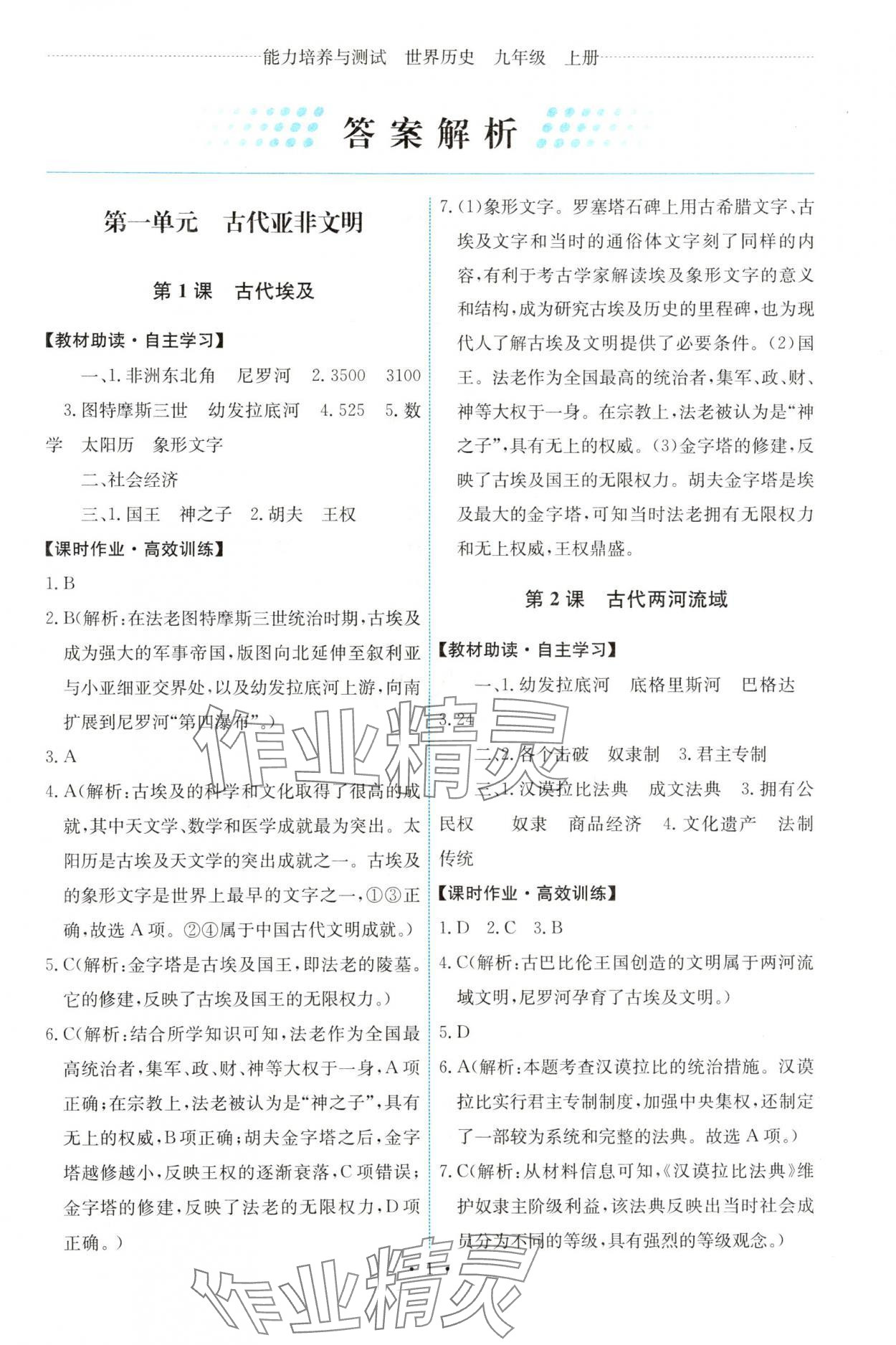 2024年能力培養(yǎng)與測試九年級世界歷史上冊人教版湖南專版 參考答案第1頁