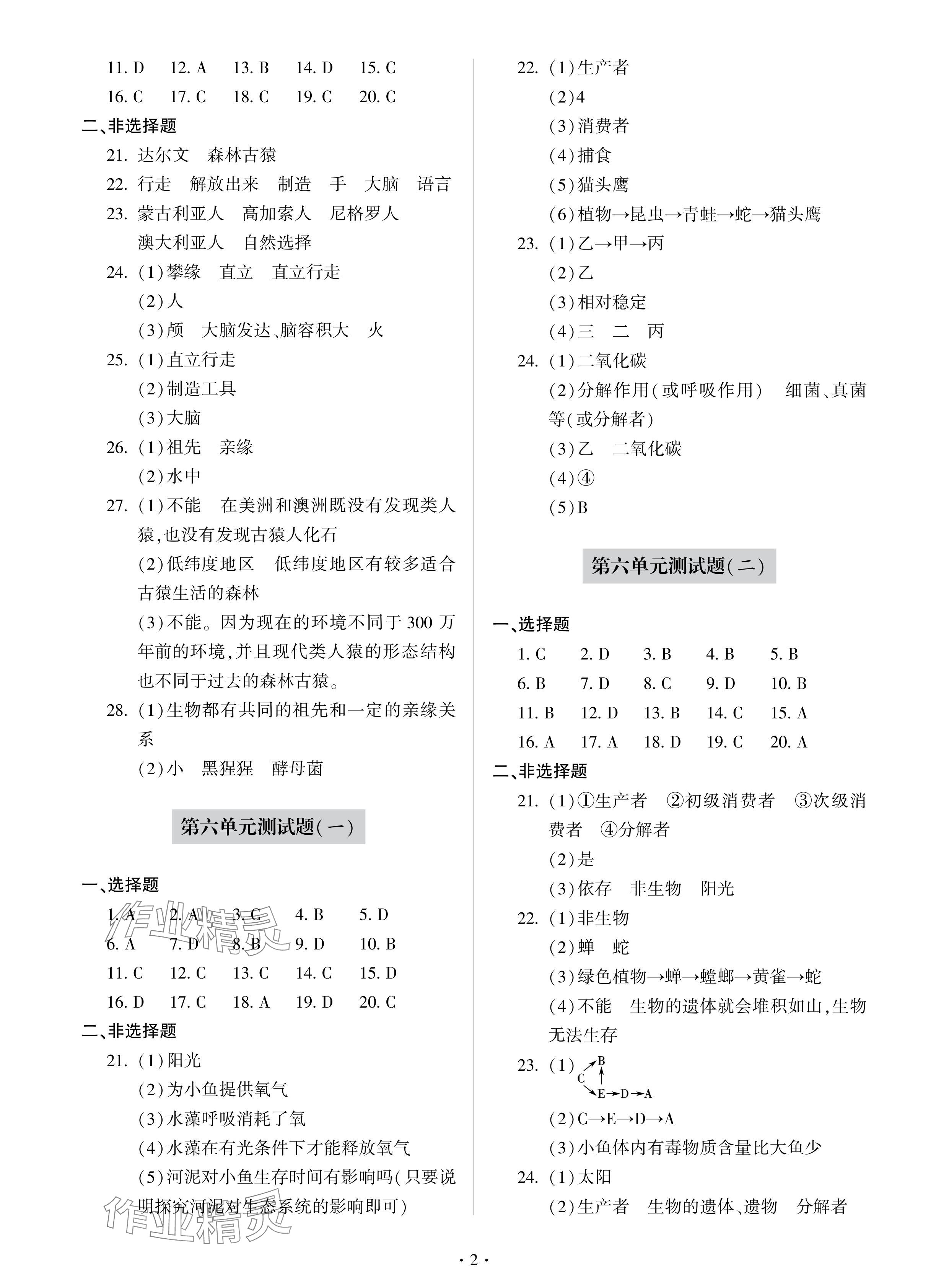 2024年单元自测试卷青岛出版社八年级生物下册人教版 参考答案第2页