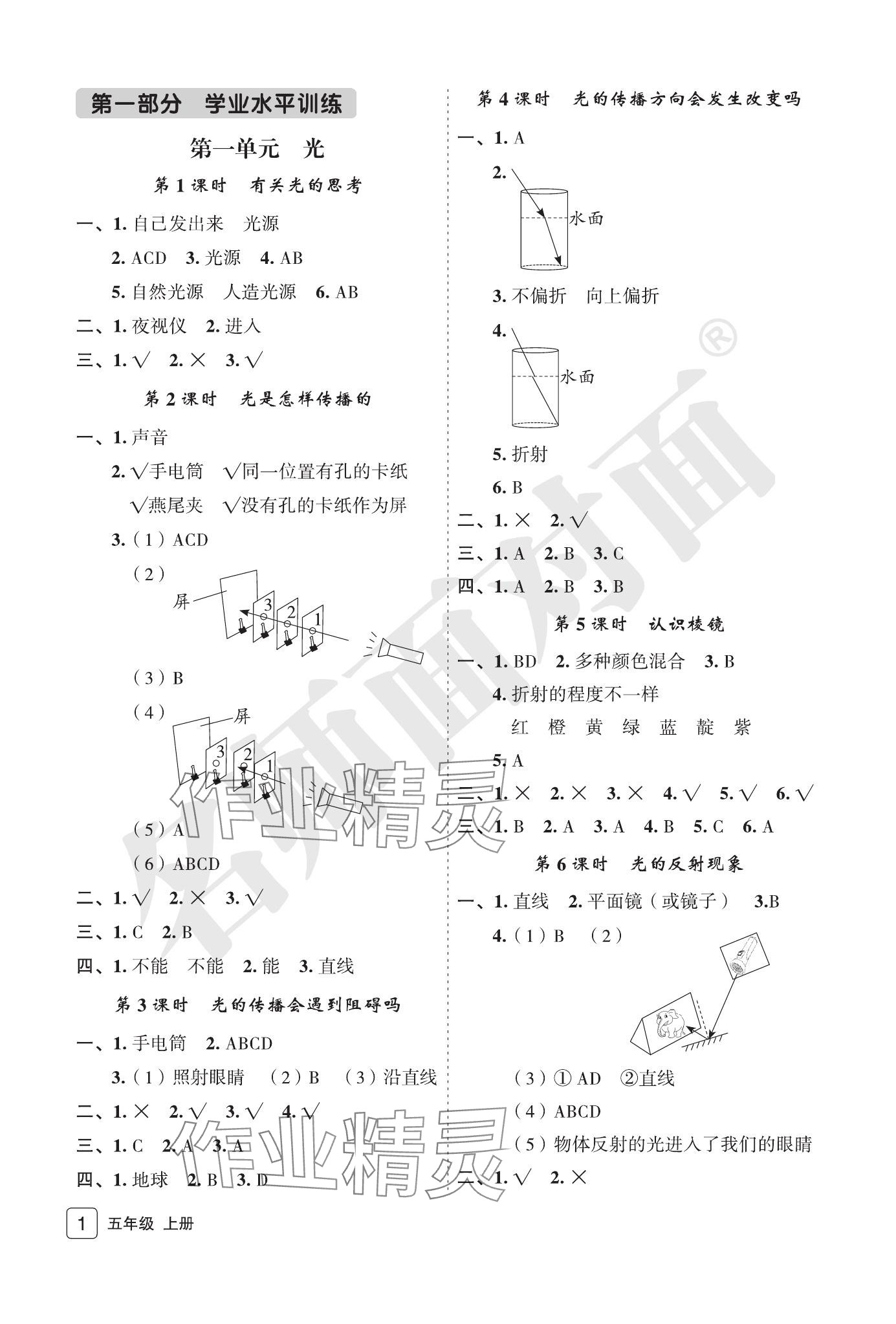 2023年名师面对面先学后练五年级科学上册教科版评议教辅 参考答案第1页