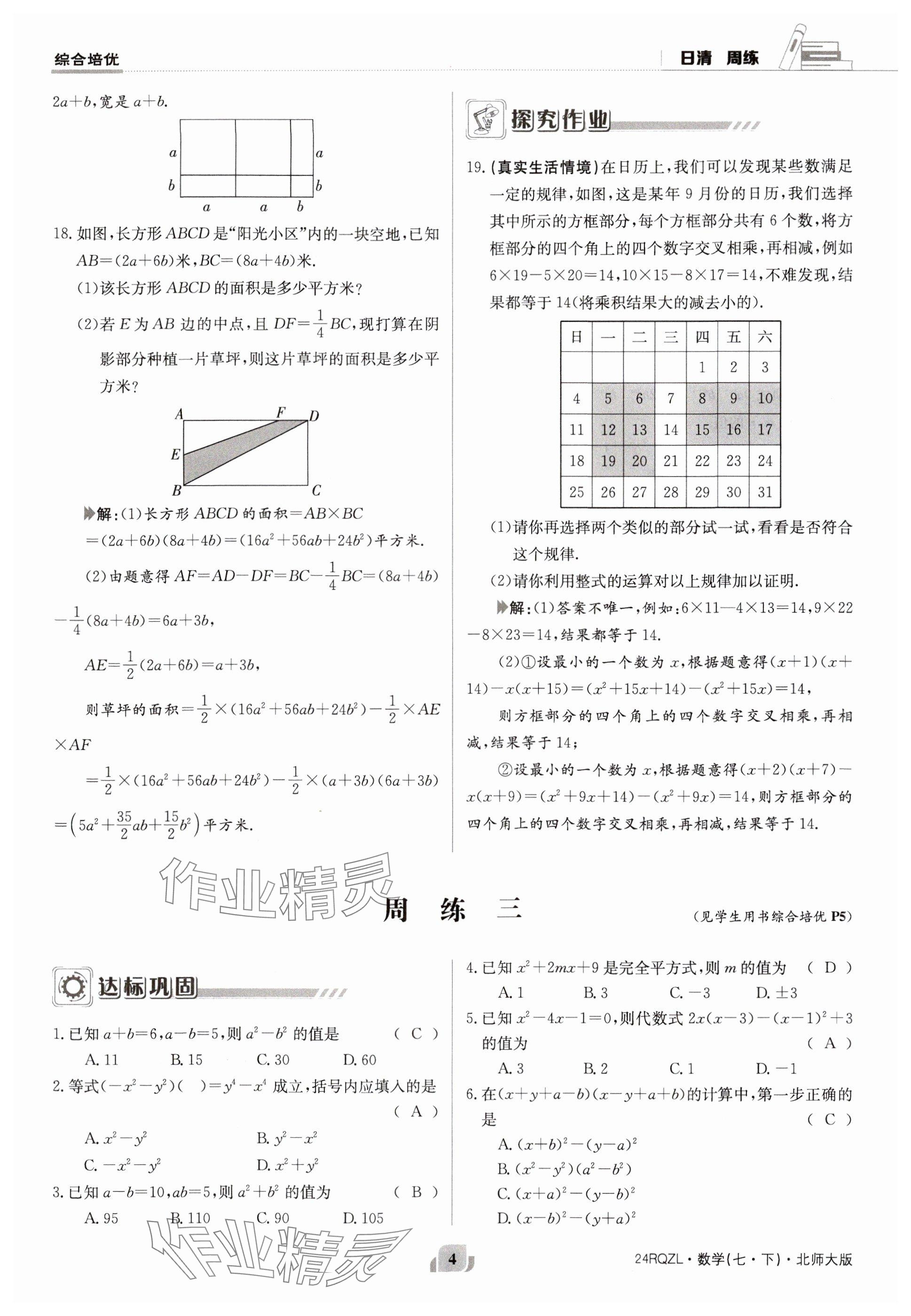 2024年日清周練七年級(jí)數(shù)學(xué)下冊(cè)北師大版 參考答案第4頁(yè)