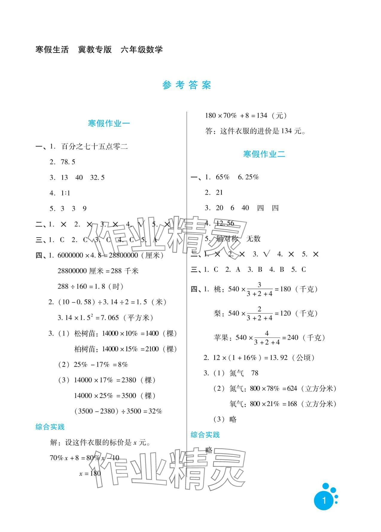 2024年寒假生活河北人民出版社六年级数学冀教版 第1页