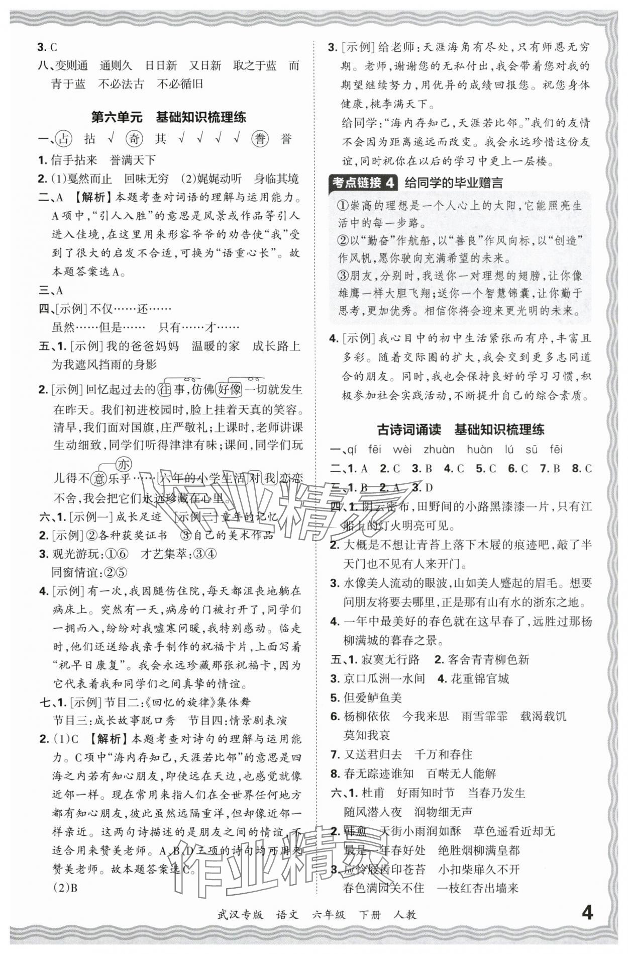 2024年王朝霞期末真题精编六年级语文下册人教版武汉专版 参考答案第4页