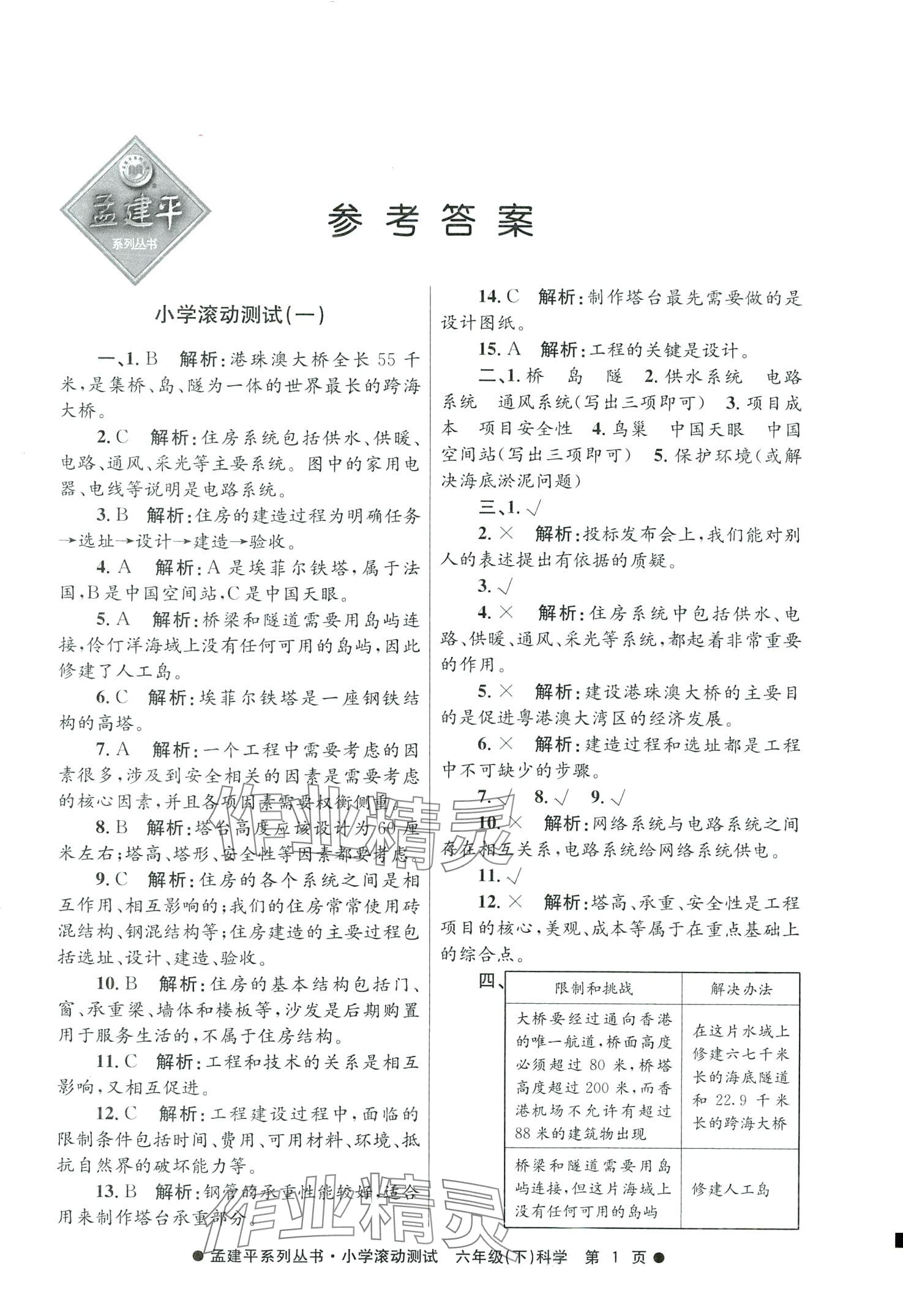 2024年孟建平小学滚动测试六年级科学下册教科版 第1页