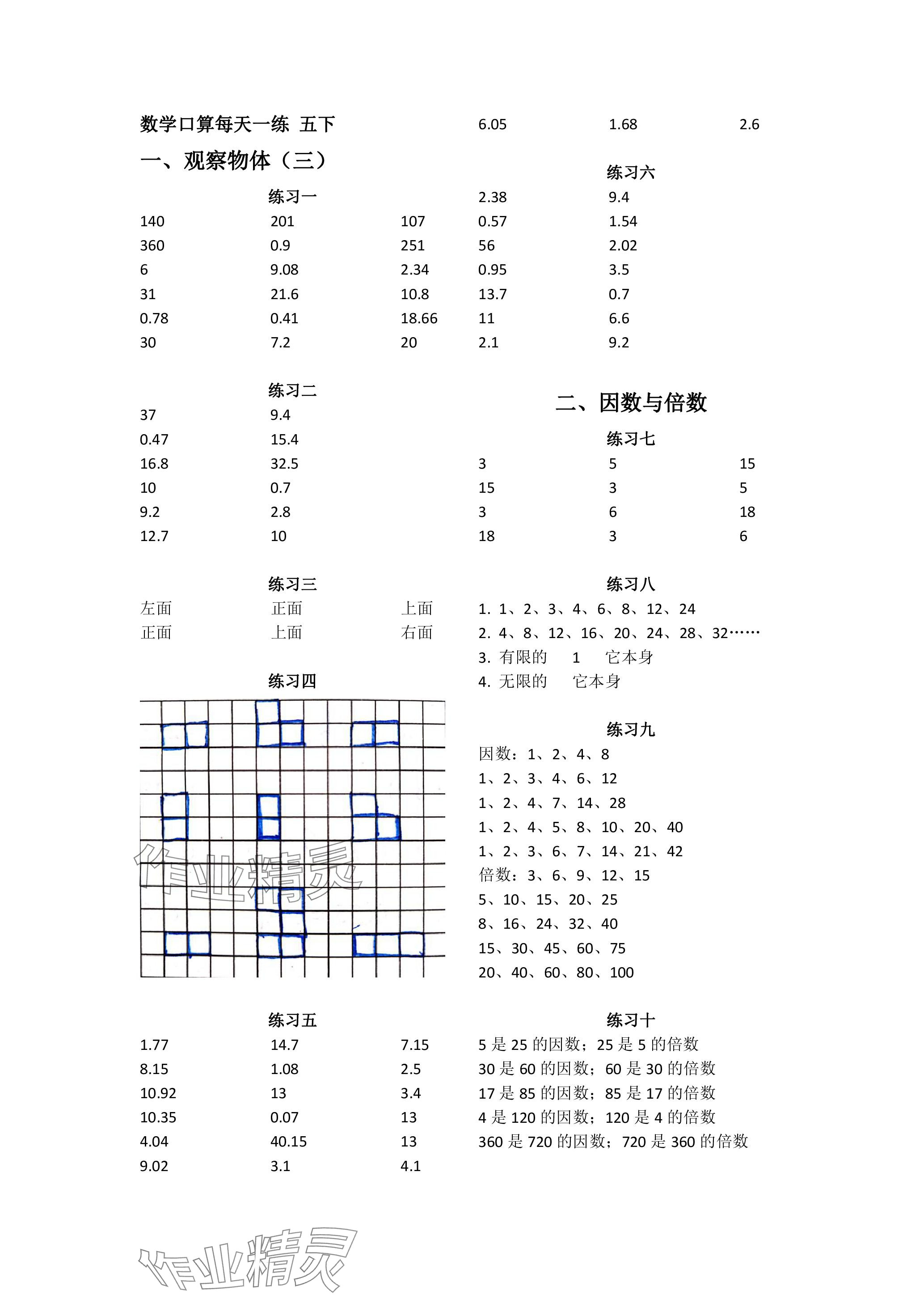 2024年数学口算每天一练五年级下册人教版 参考答案第1页