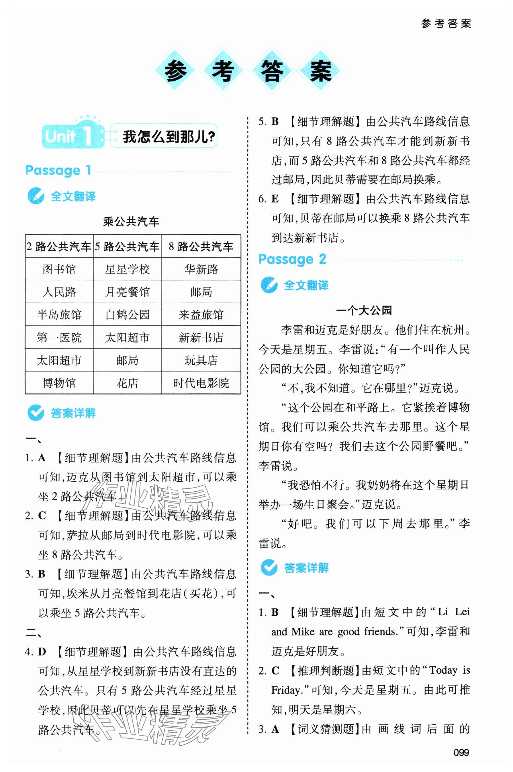 2024年一本同步閱讀六年級英語上冊人教版浙江專版 參考答案第1頁