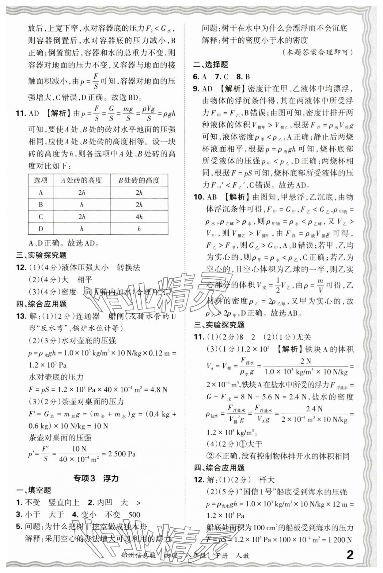 2024年王朝霞期末真題精編八年級物理下冊人教版鄭州專版 參考答案第2頁