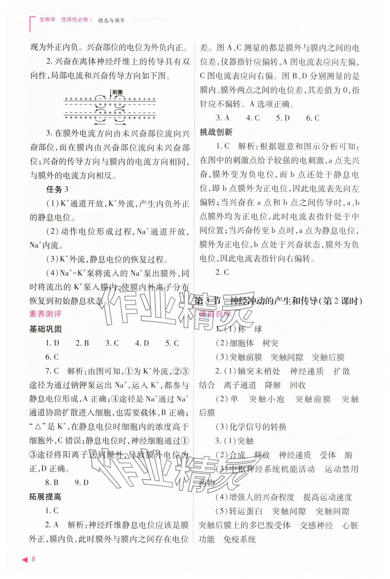 2024年普通高中新课程同步练习册高中生物选择性必修1人教版 参考答案第8页