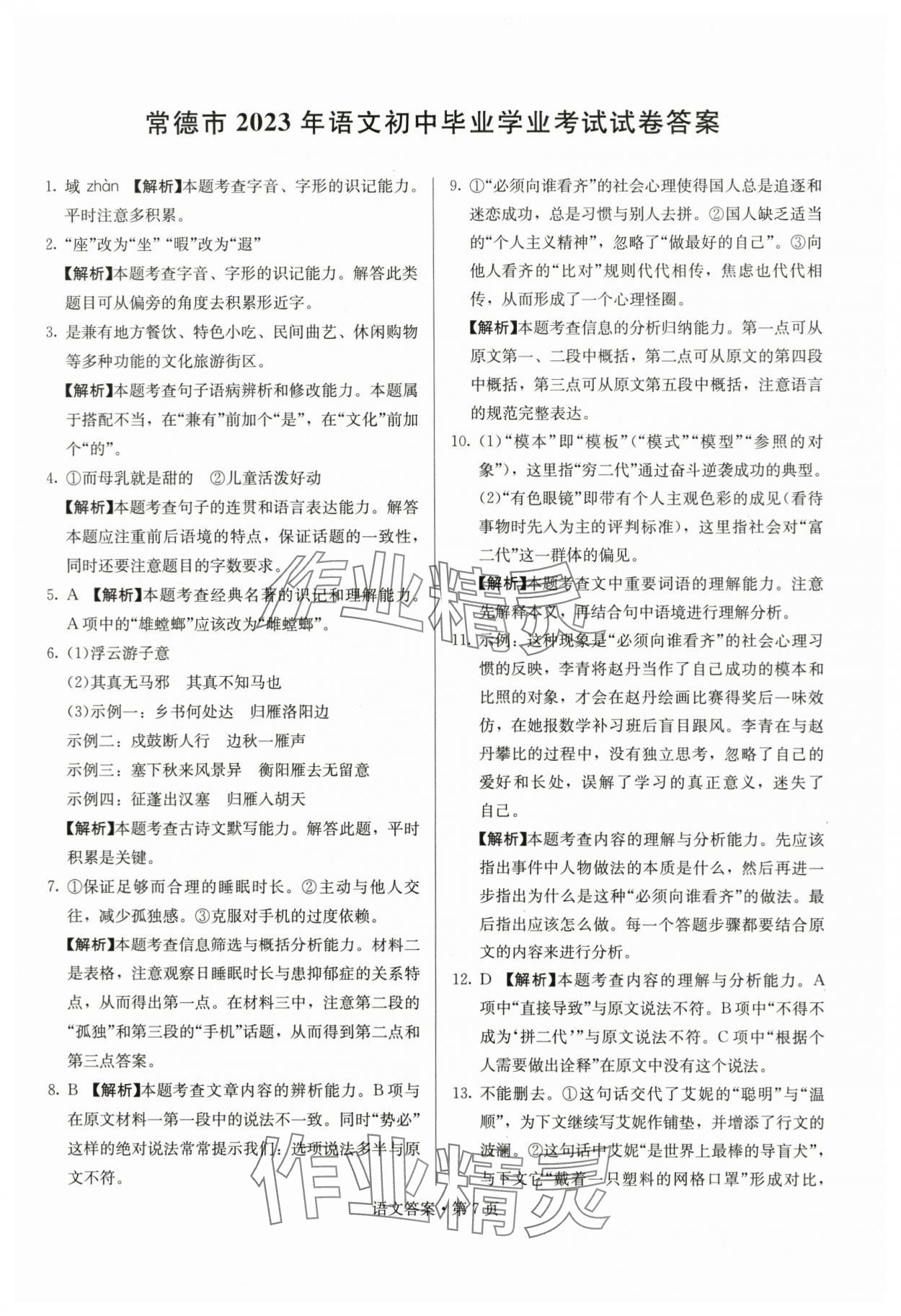 2024年湖南中考必备语文 参考答案第7页