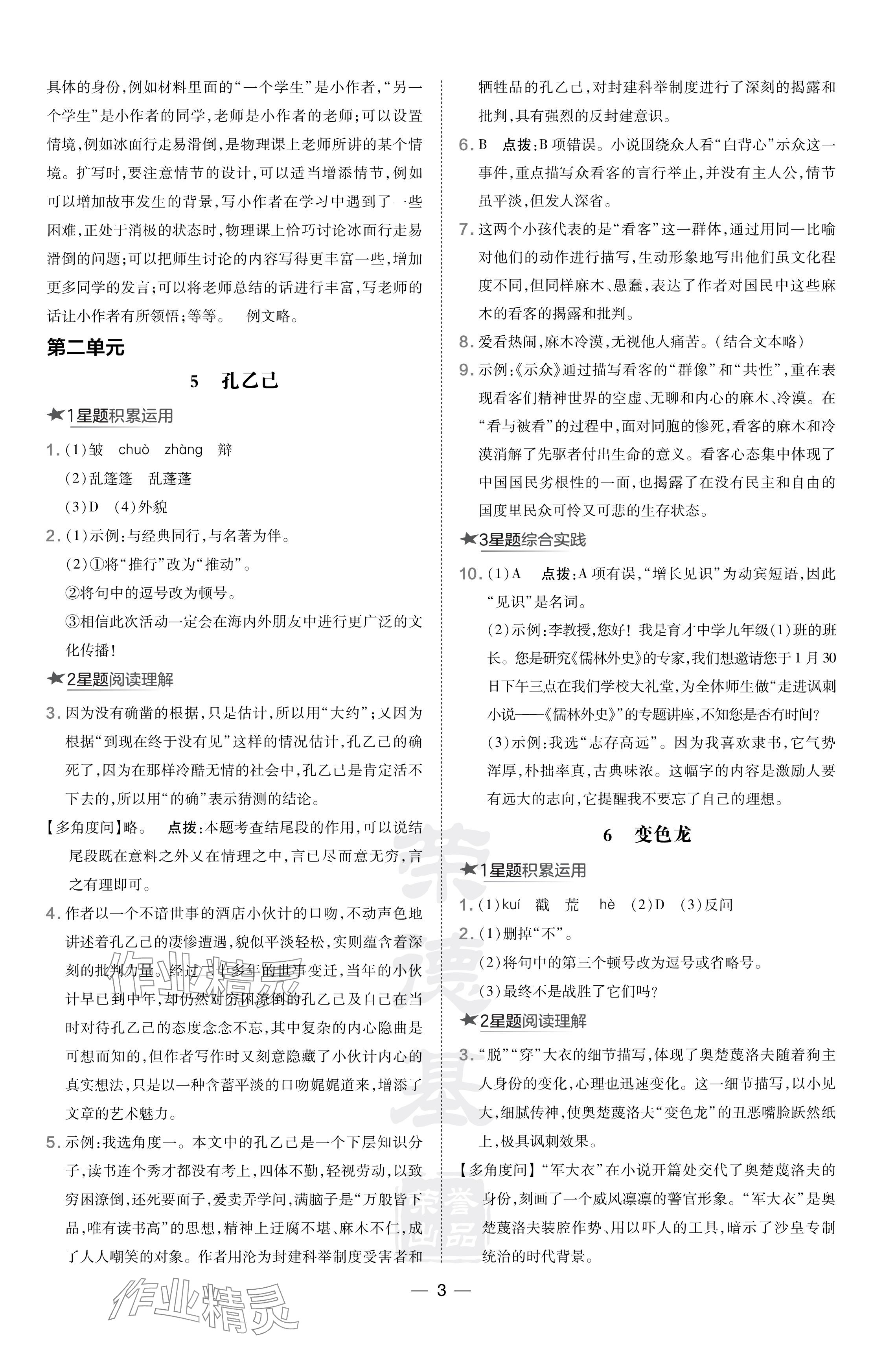 2024年點(diǎn)撥訓(xùn)練九年級(jí)語文下冊(cè)人教版安徽專版 參考答案第3頁