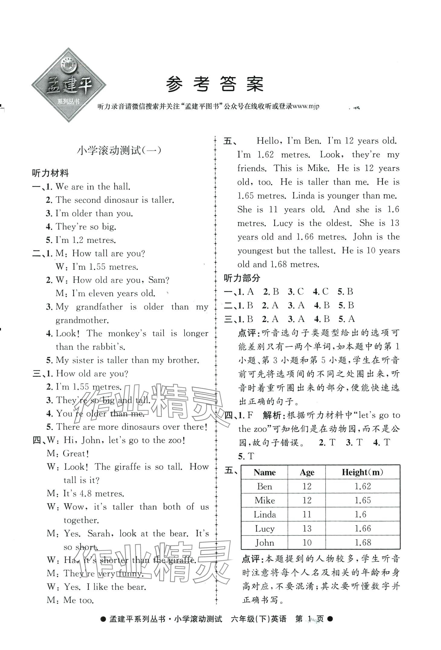 2024年孟建平小学滚动测试六年级英语下册人教版 第1页