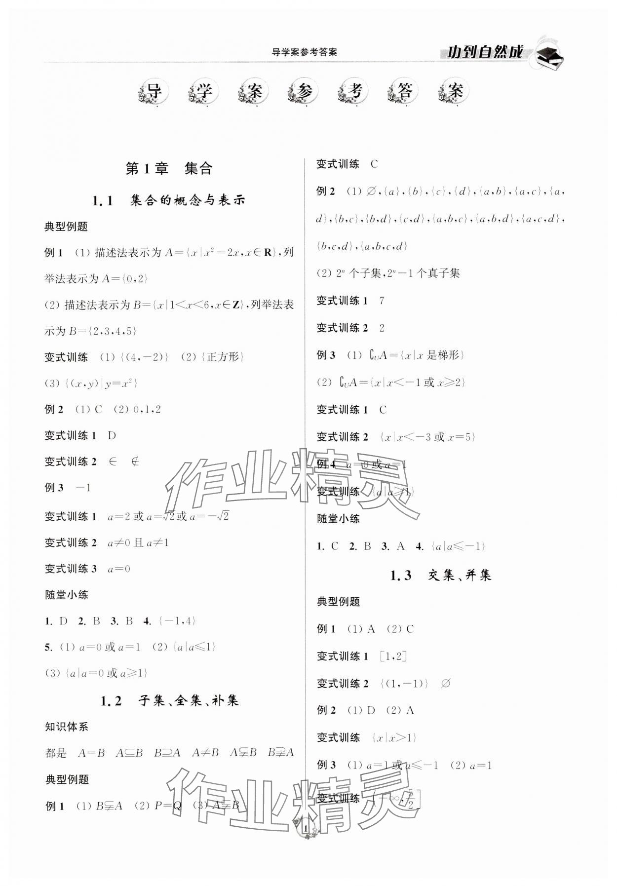 2023年功到自然成高中数学必修第一册人教版 参考答案第1页