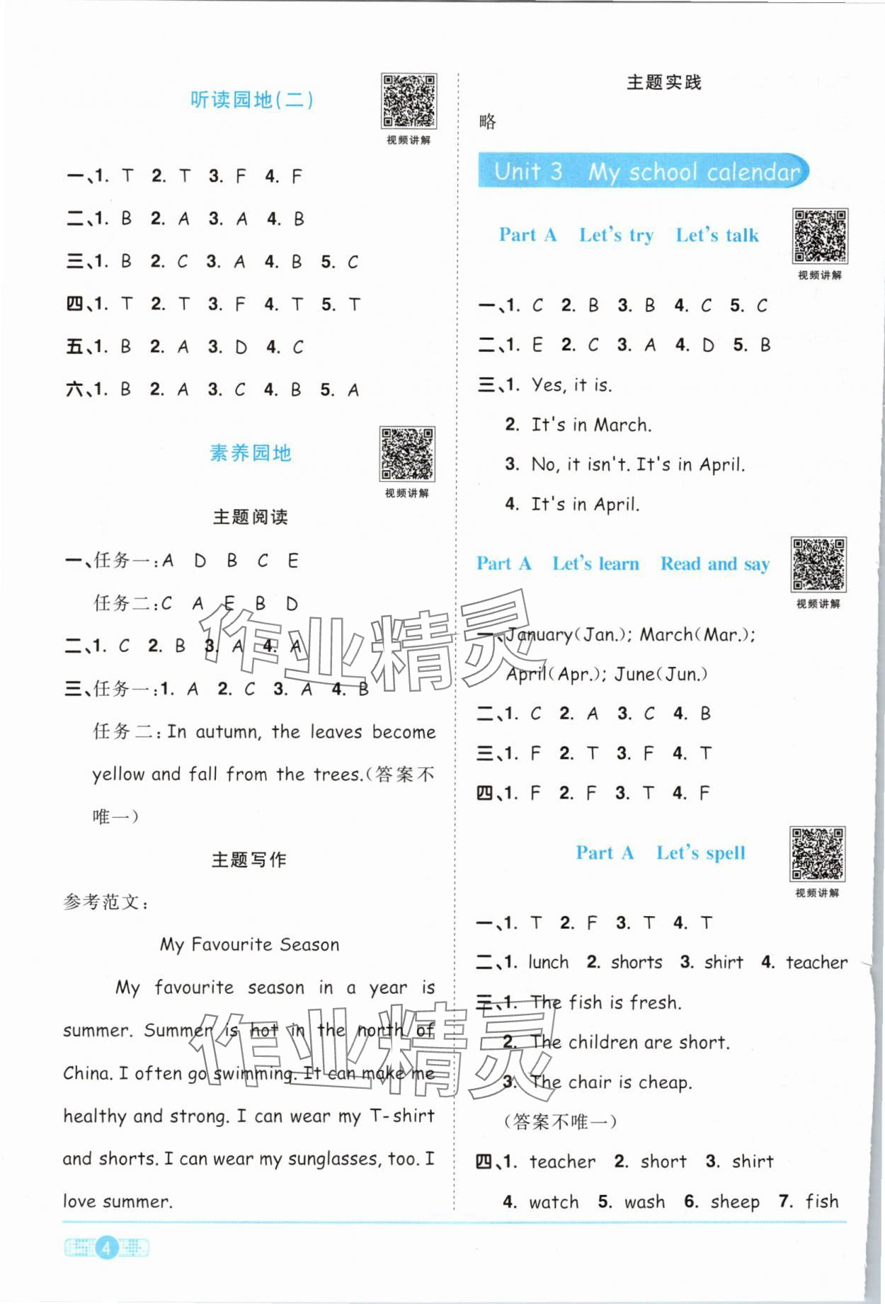 2024年阳光同学课时优化作业五年级英语下册人教PEP版 参考答案第4页