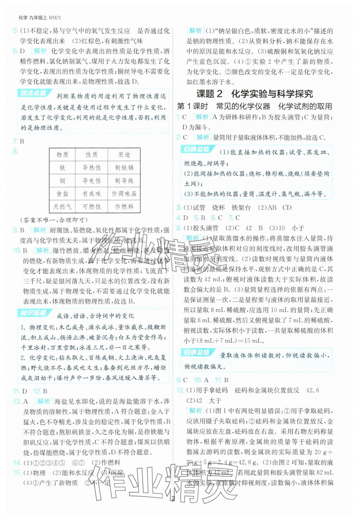 2024年1課3練單元達標測試九年級化學上冊人教版 參考答案第2頁