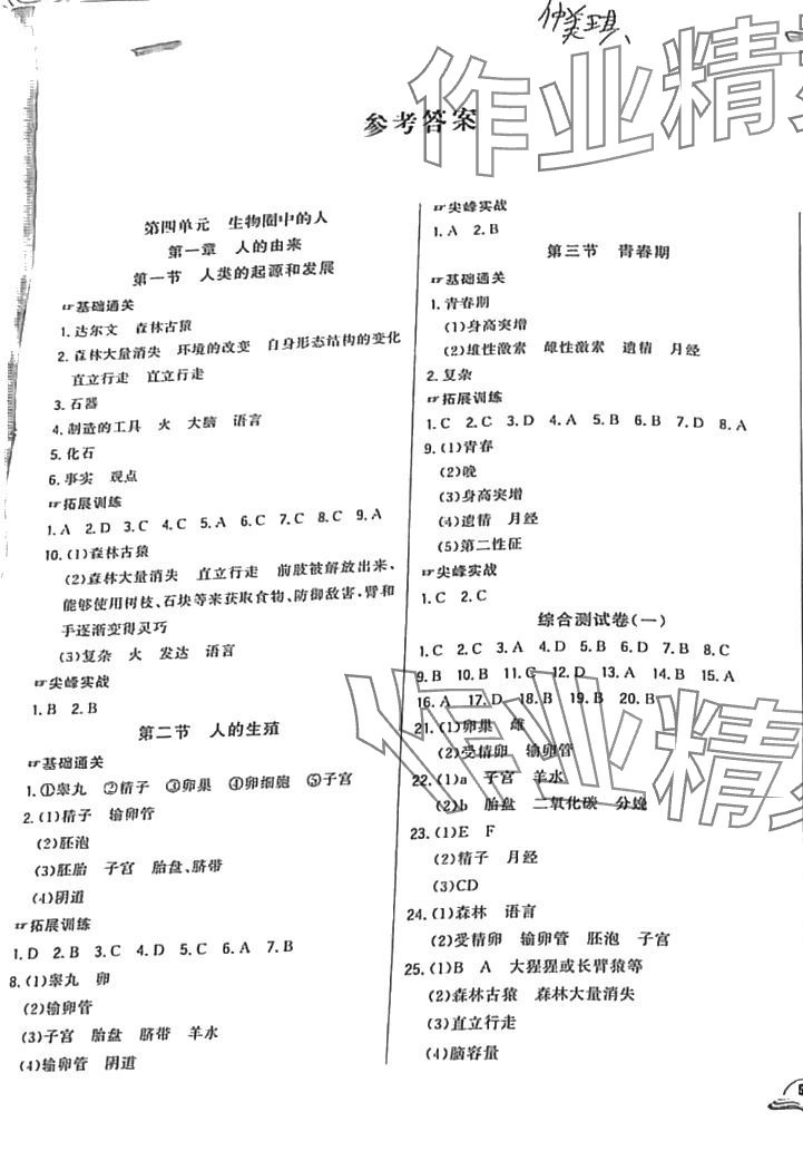 2024年胜券在握随堂测试一卷通七年级生物下册人教版 第1页