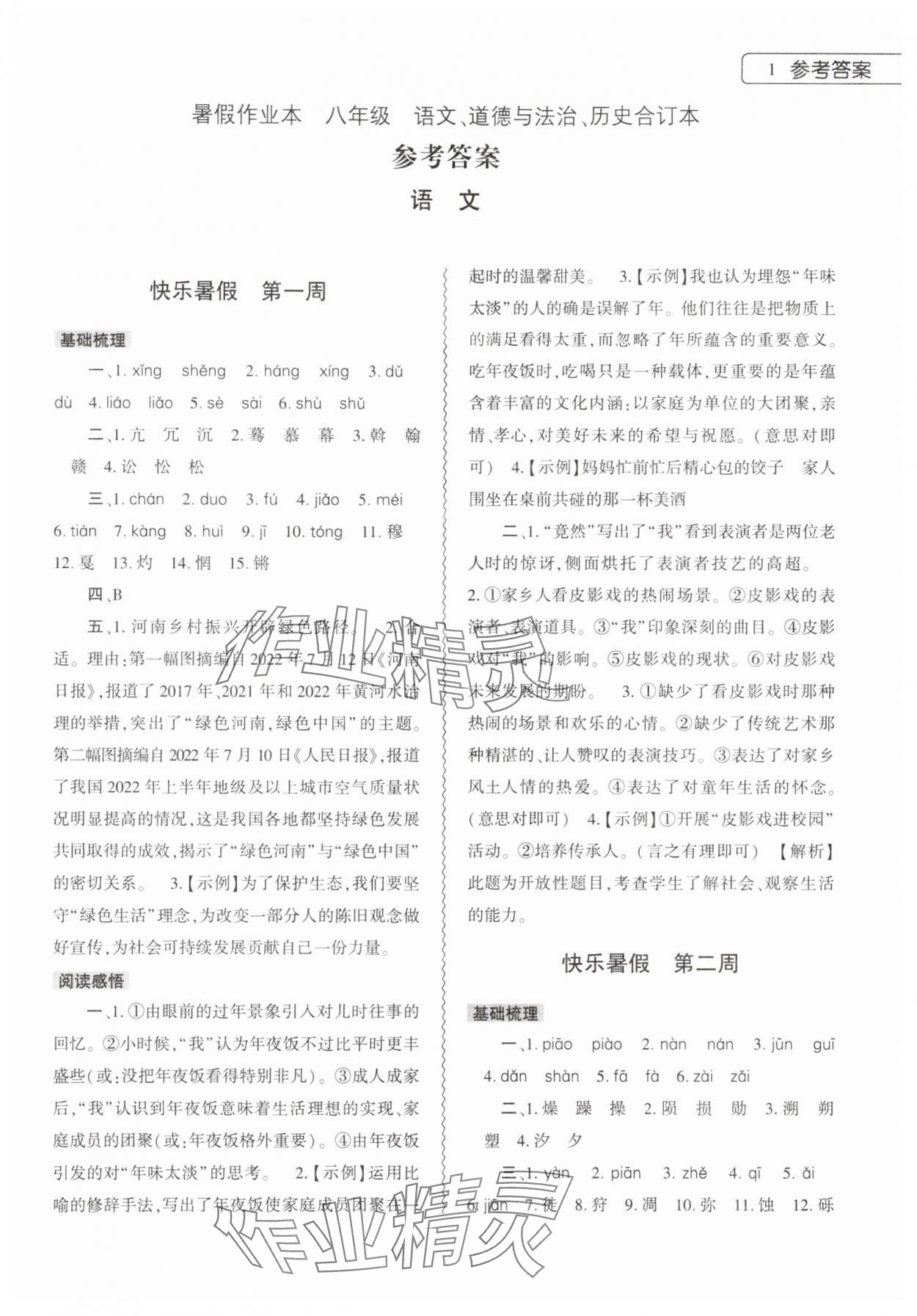 2024年暑假作業(yè)本大象出版社八年級(jí)語(yǔ)文道德與法治歷史合訂本 第1頁(yè)