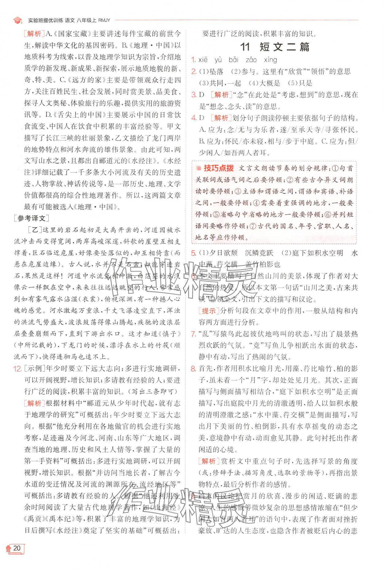 2024年實驗班提優(yōu)訓(xùn)練八年級語文上冊人教版 參考答案第20頁