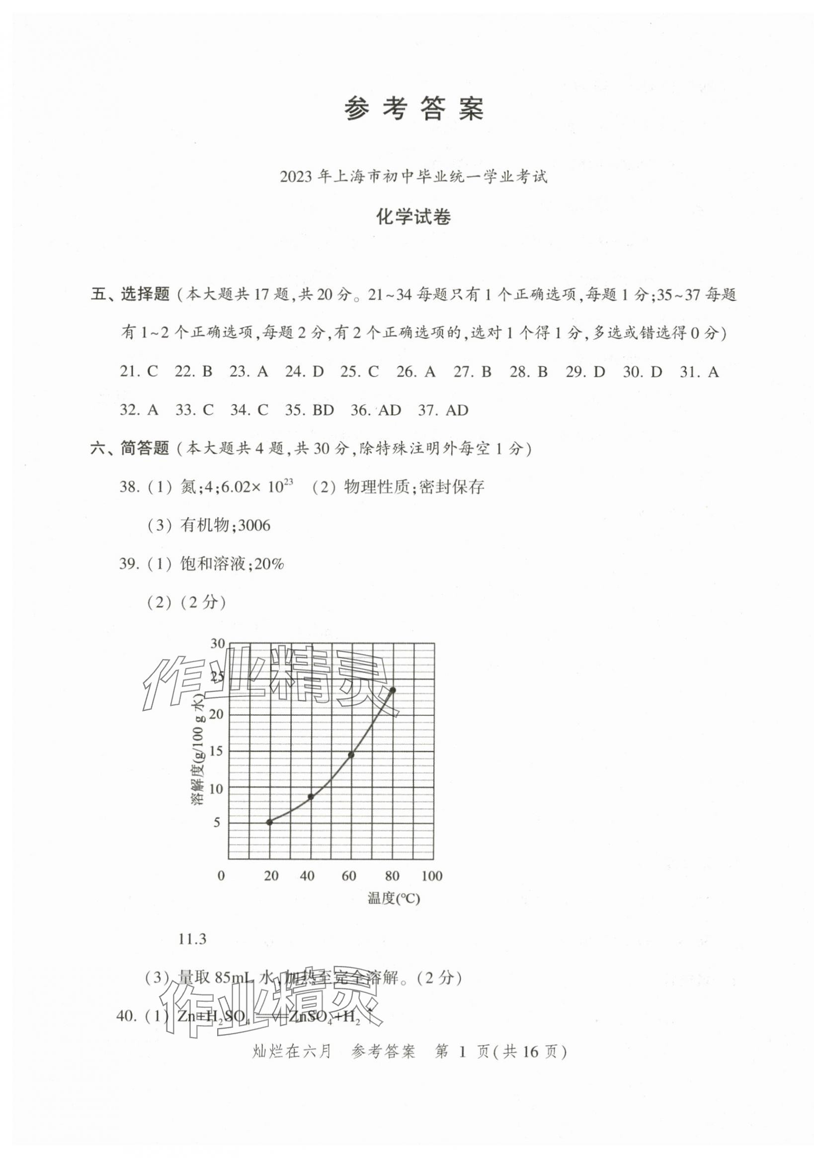 2024年燦爛在六月上海中考真卷化學 第1頁