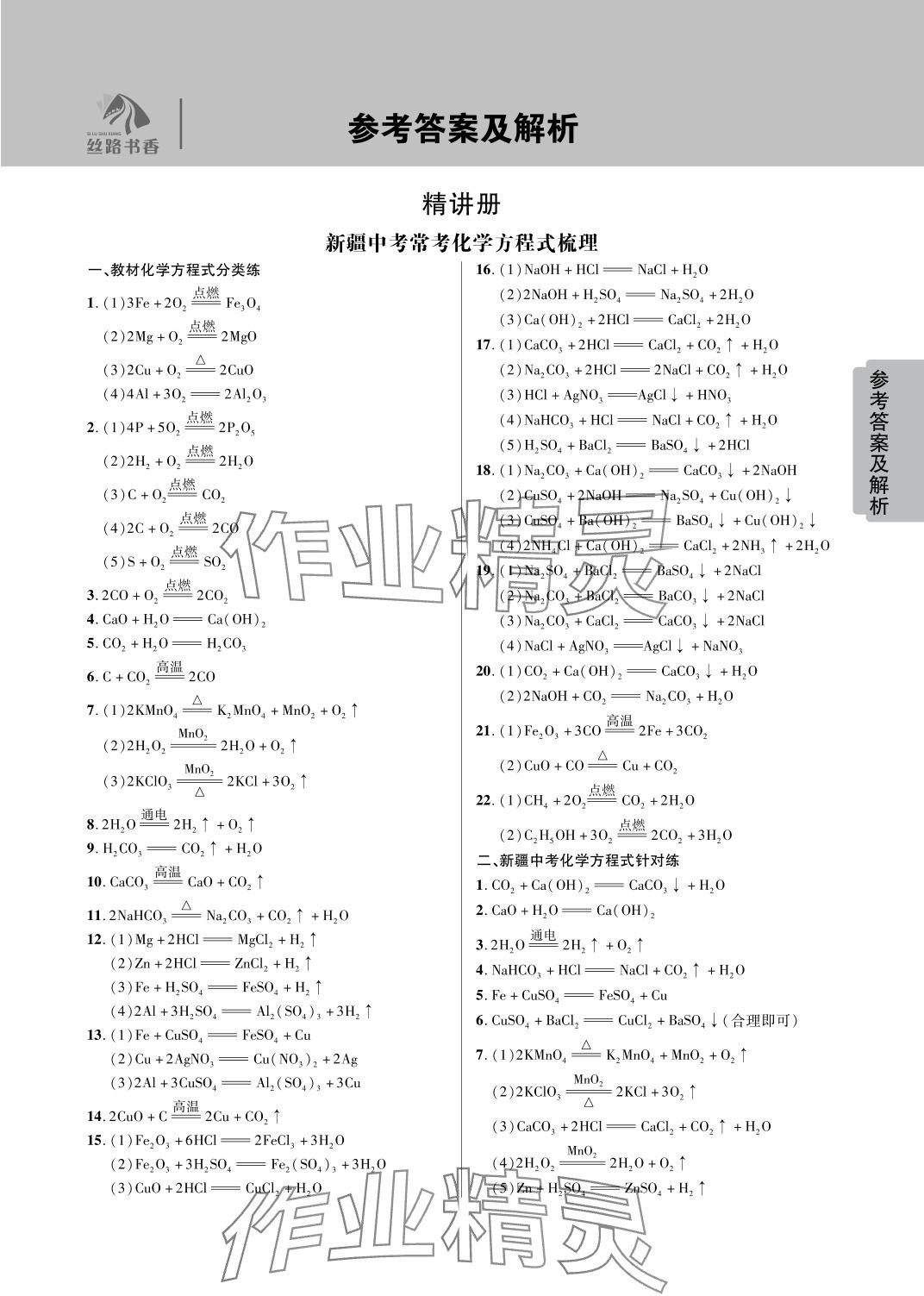 2024年中考新思路化学新疆专版 参考答案第1页