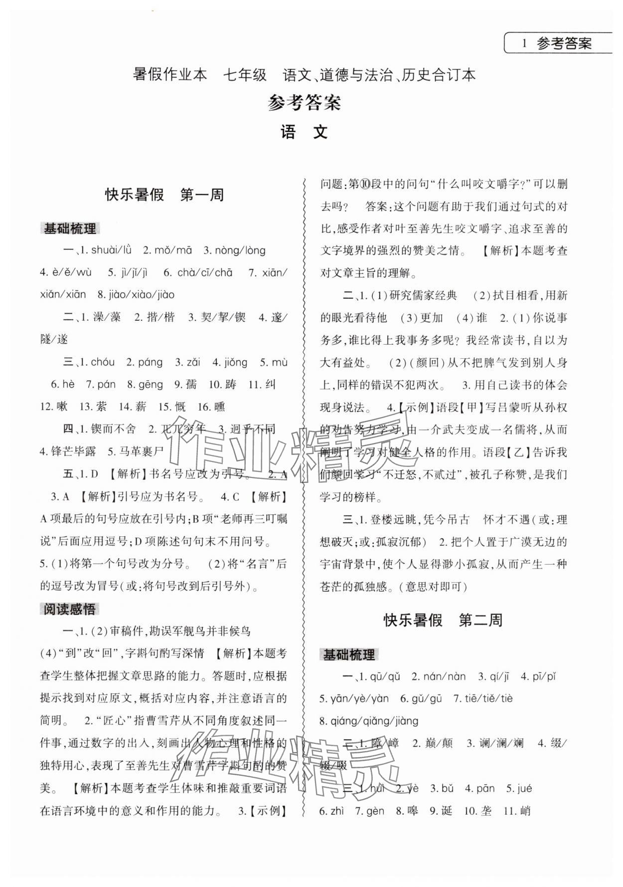 2024年暑假作業(yè)本大象出版社七年級語文道德與法治歷史合訂本 第1頁