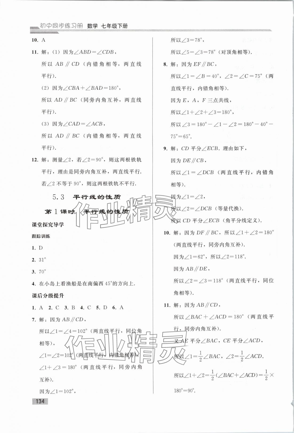 2024年同步练习册人民教育出版社七年级数学下册人教版山东专版 参考答案第5页