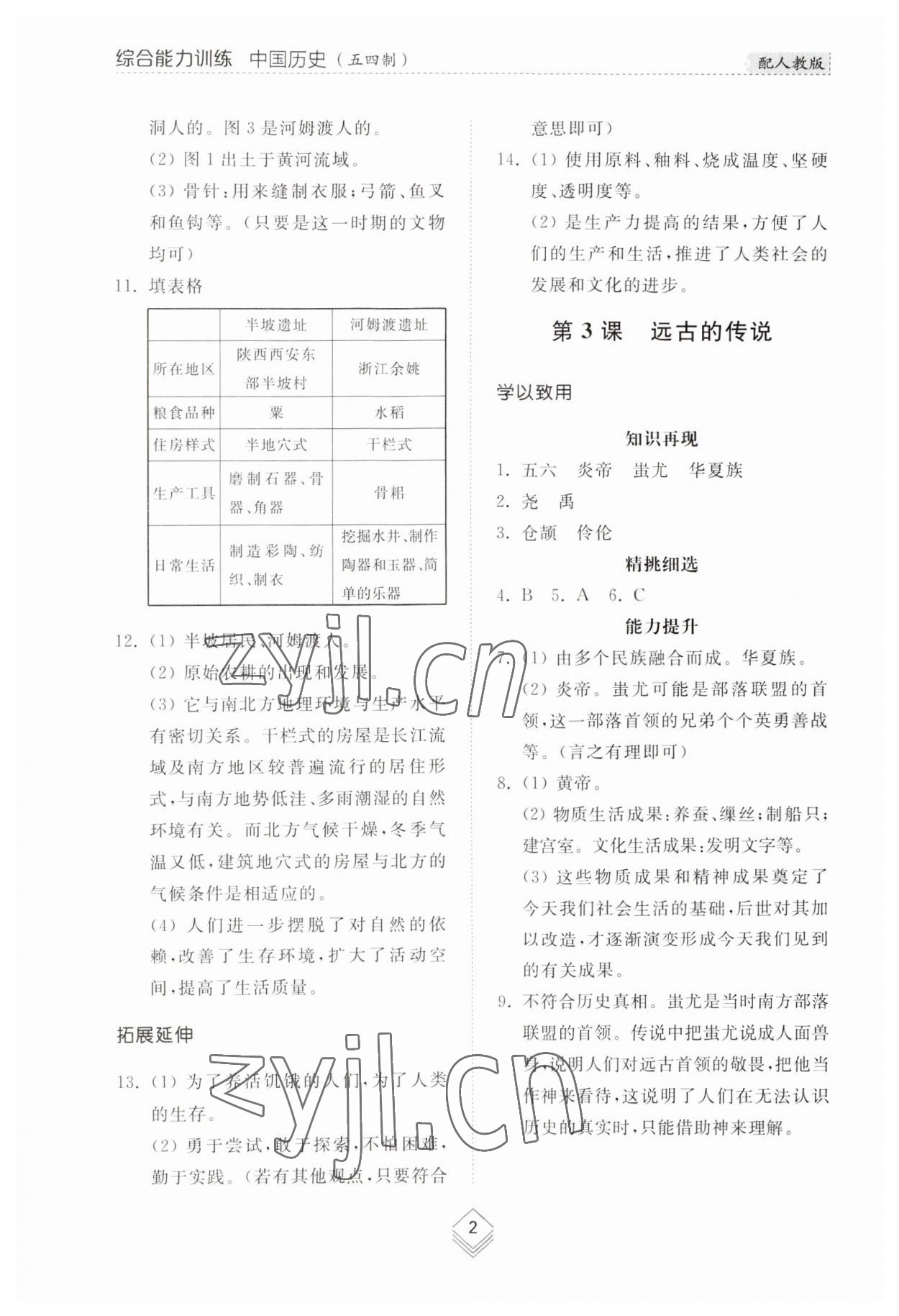 2023年综合能力训练中国历史第一册人教版54制 参考答案第2页