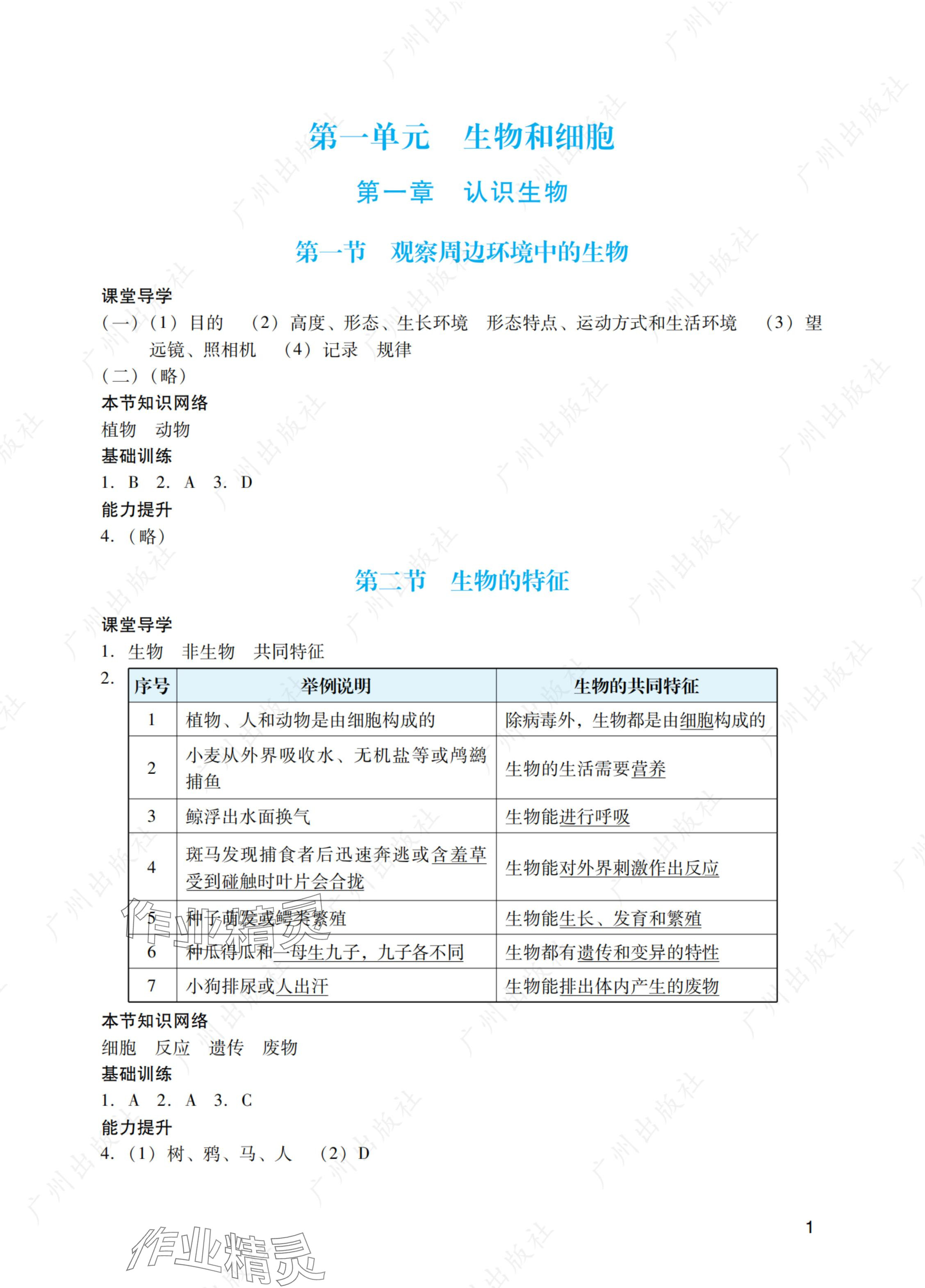 2024年陽光學(xué)業(yè)評價七年級生物上冊人教版 參考答案第1頁